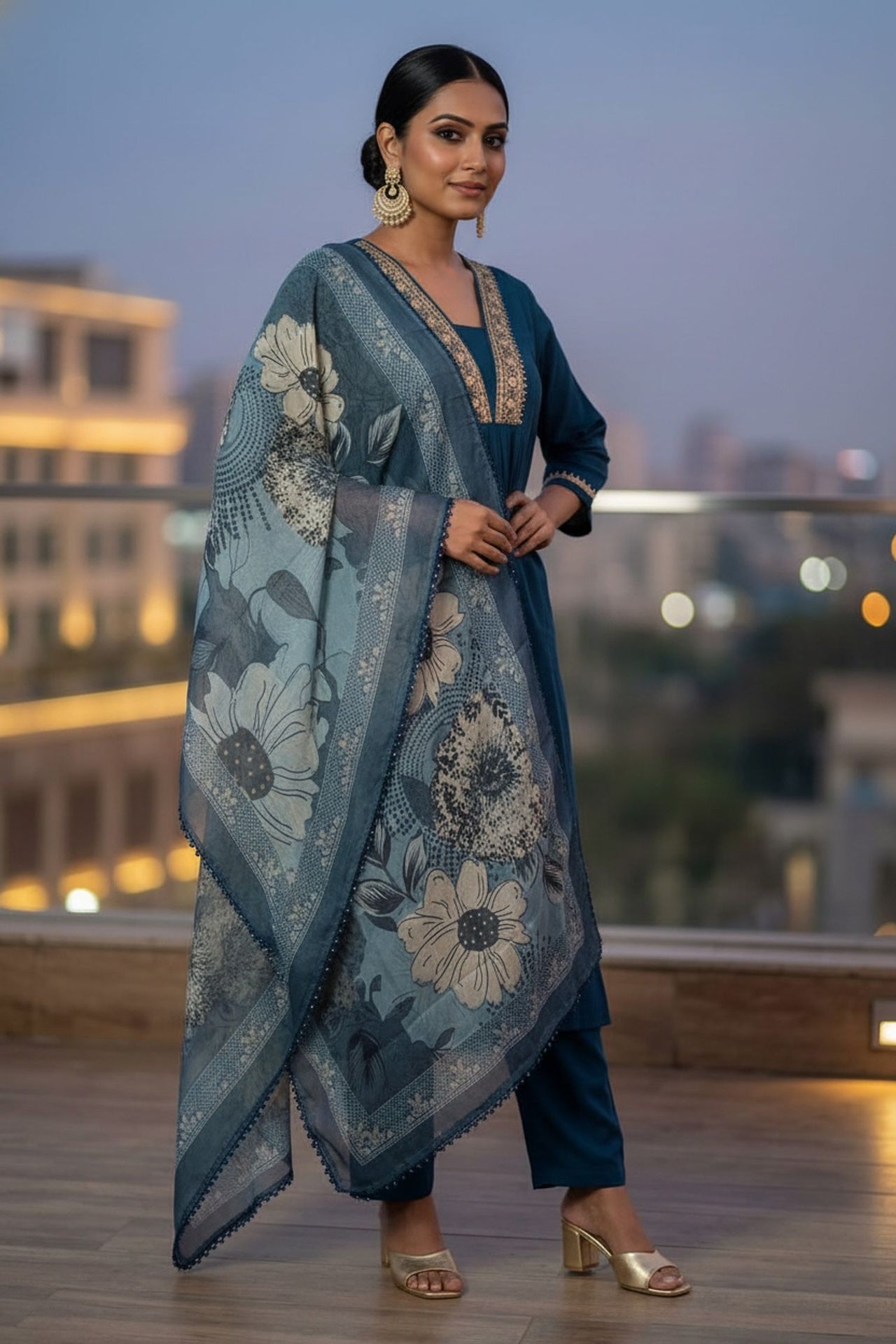 Royal Navy Straight-cut Suit With Printed Dupatta image 2