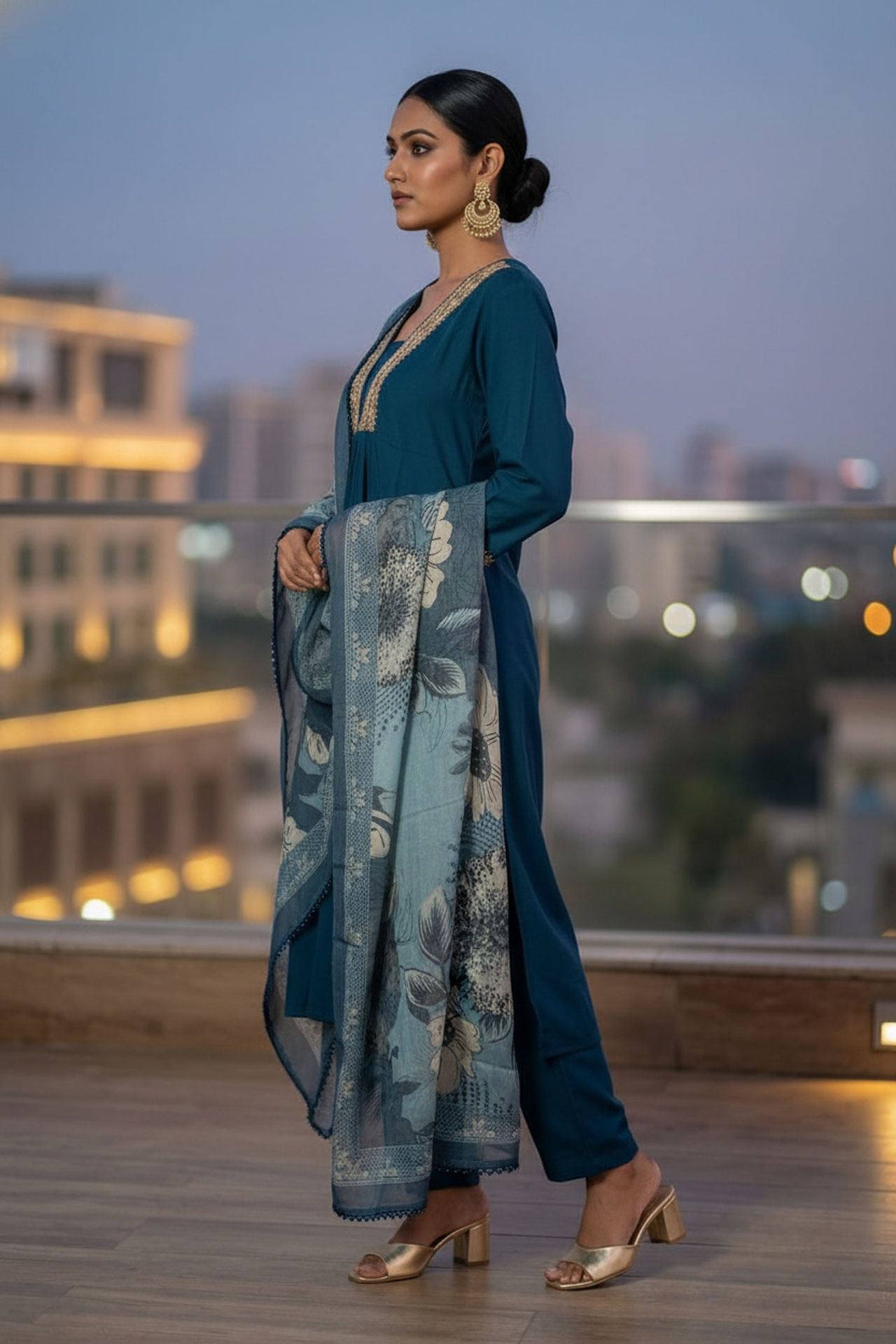 Royal Navy Straight-cut Suit With Printed Dupatta image 3