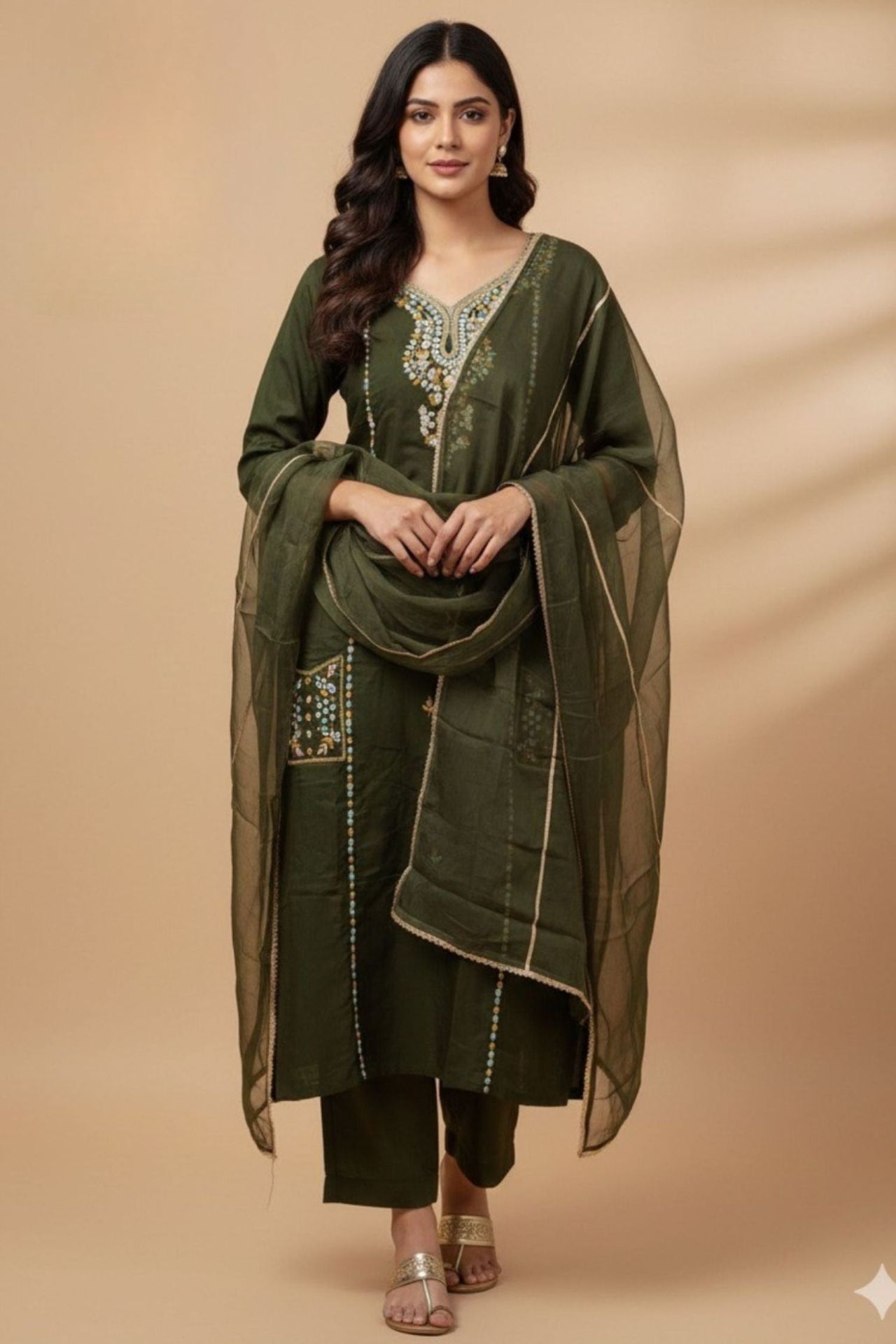 Green Three-piece Set With Embroidery Work And Kurta Pocket image 2