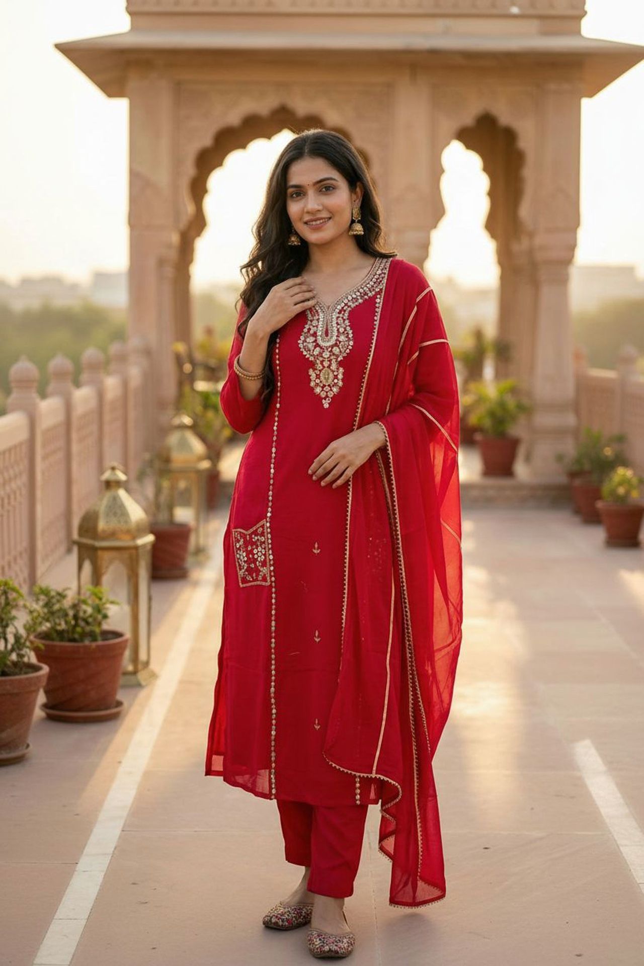 Royal Rani Red Three-piece Set With Intricate Neck Embroidery