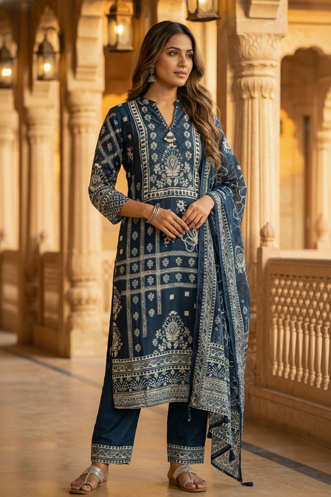 Blue Cotton Three-piece Set With Full Printed Design And Dupatta