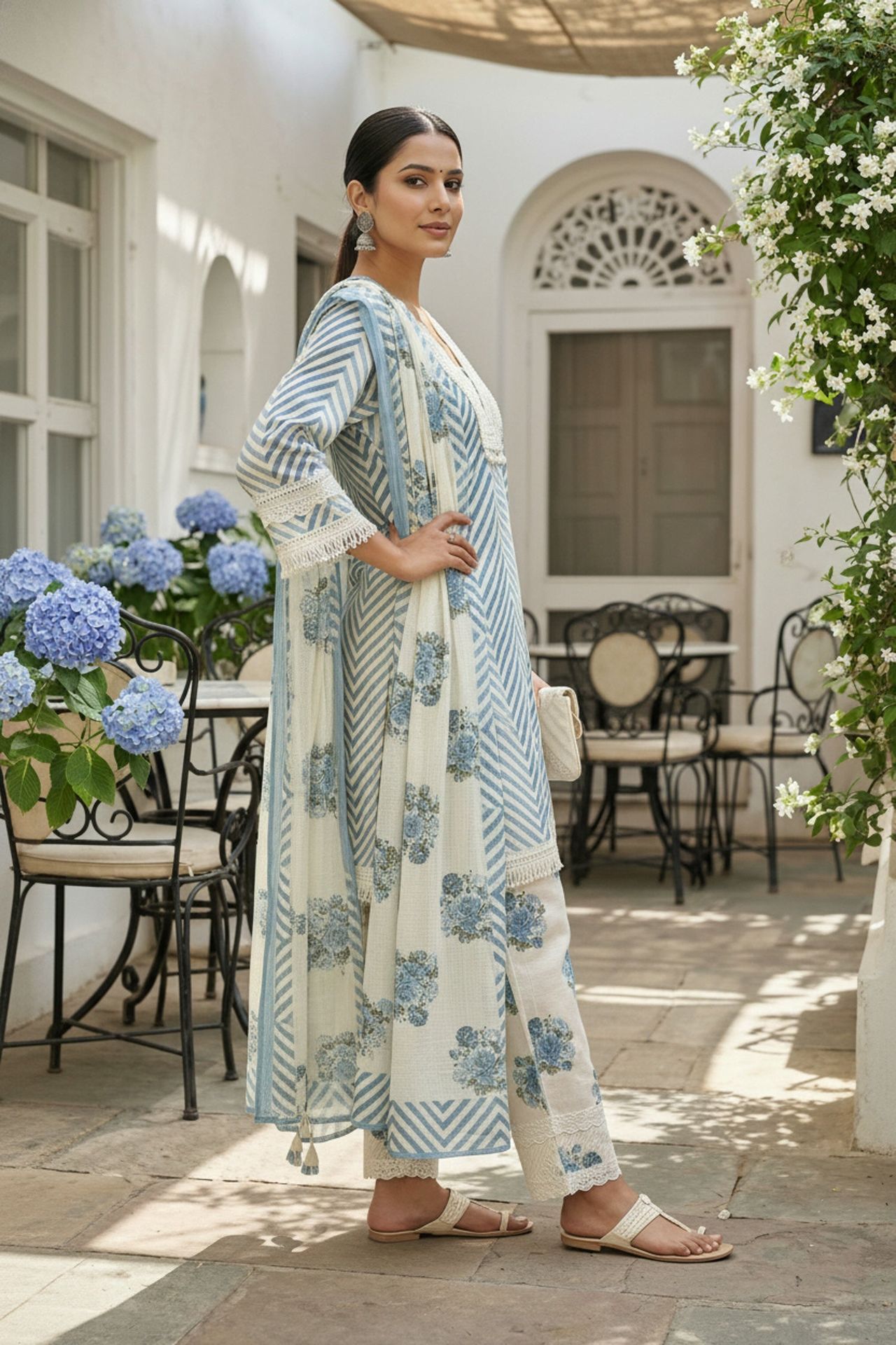 Blue Three-piece Set With Straight Cut Pattern And Dupatta image 2