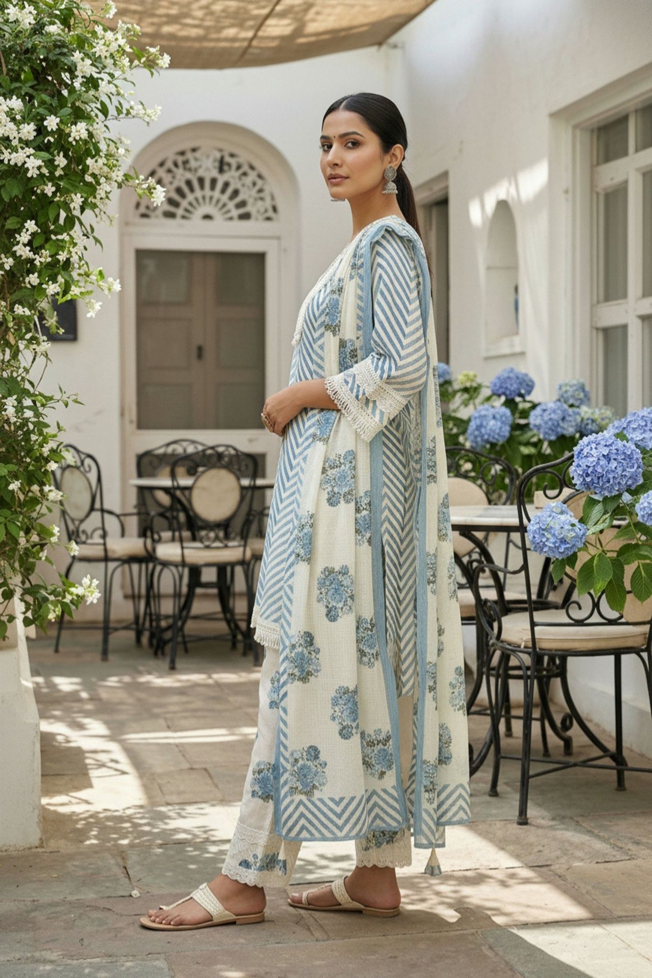 Blue Three-piece Set With Straight Cut Pattern And Dupatta image 3