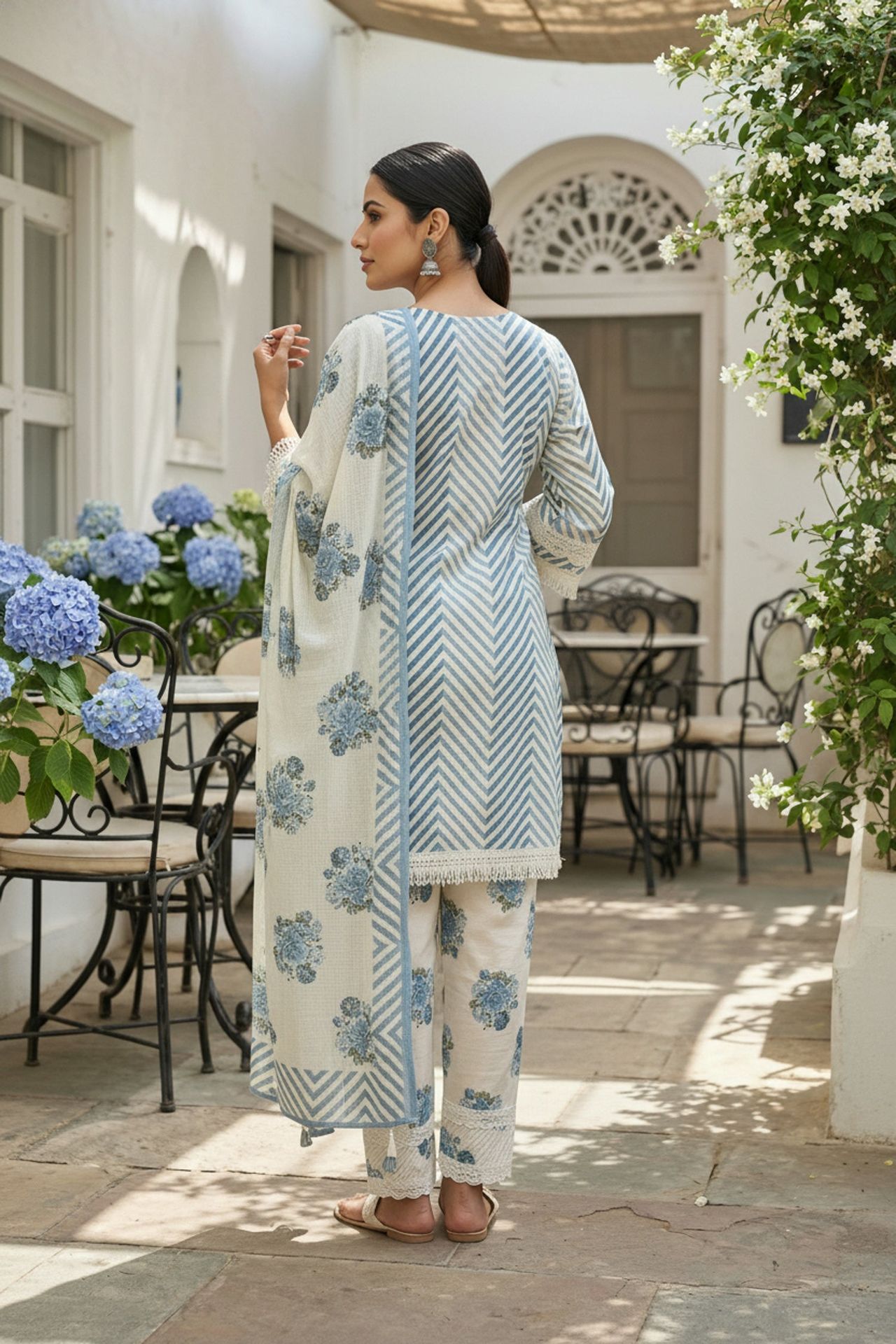 Blue Three-piece Set With Straight Cut Pattern And Dupatta image 5