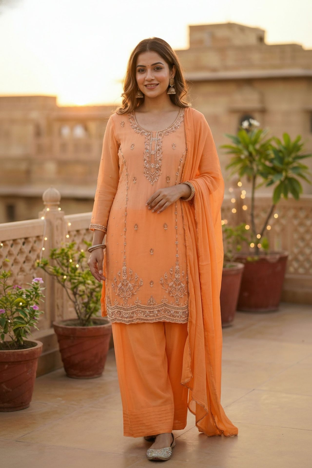 Orange Embroidered Kurta With Salwar & Dupatta