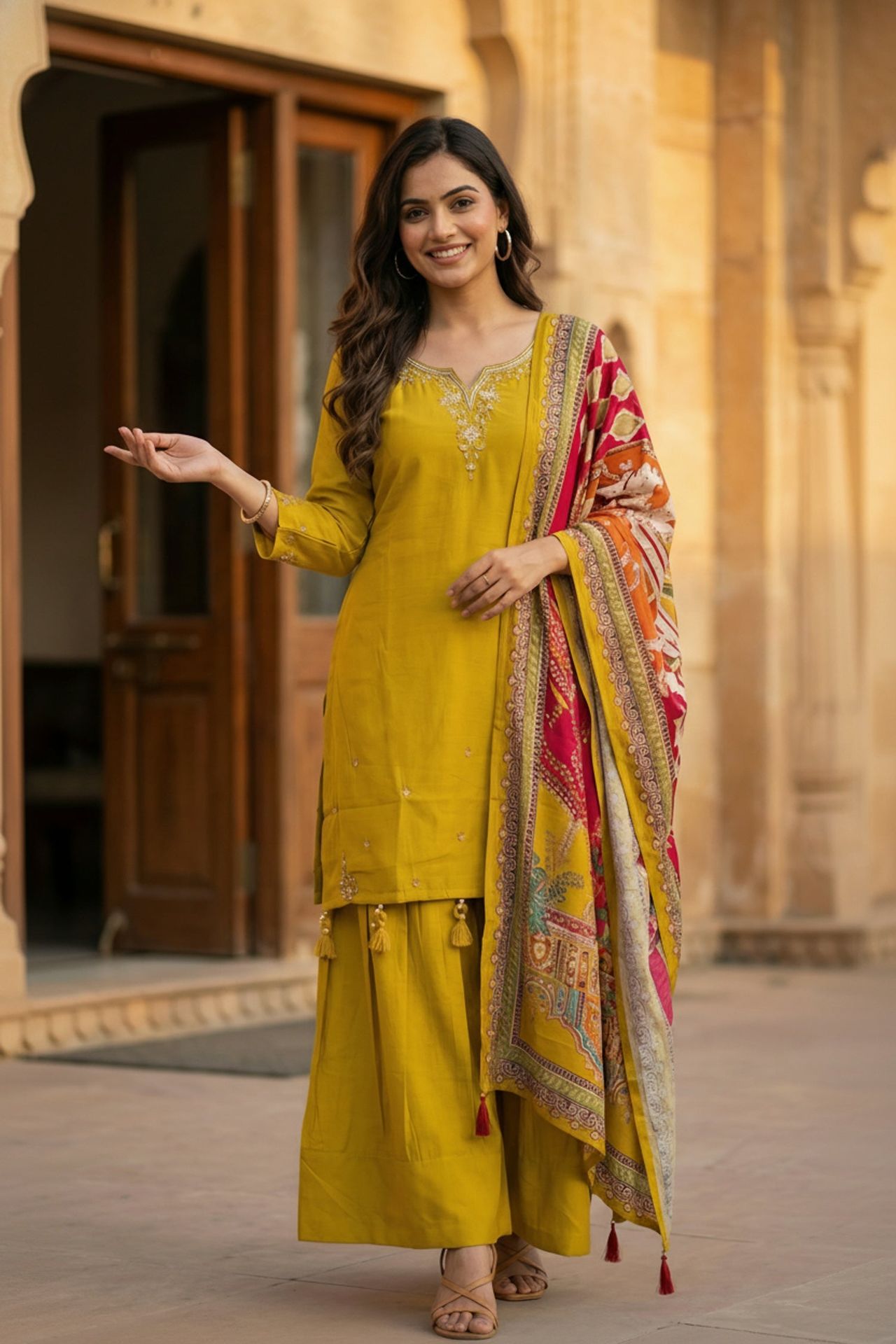 Mustard Three-piece Set With Neck Detailing And Heavy Dupatta