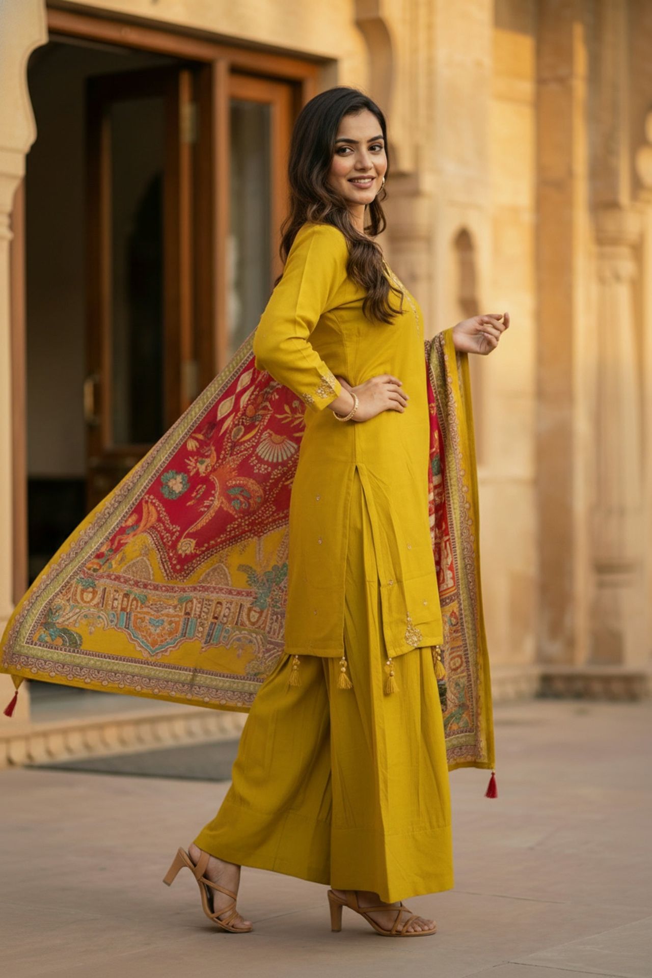 Mustard Three-piece Set With Neck Detailing And Heavy Dupatta image 2