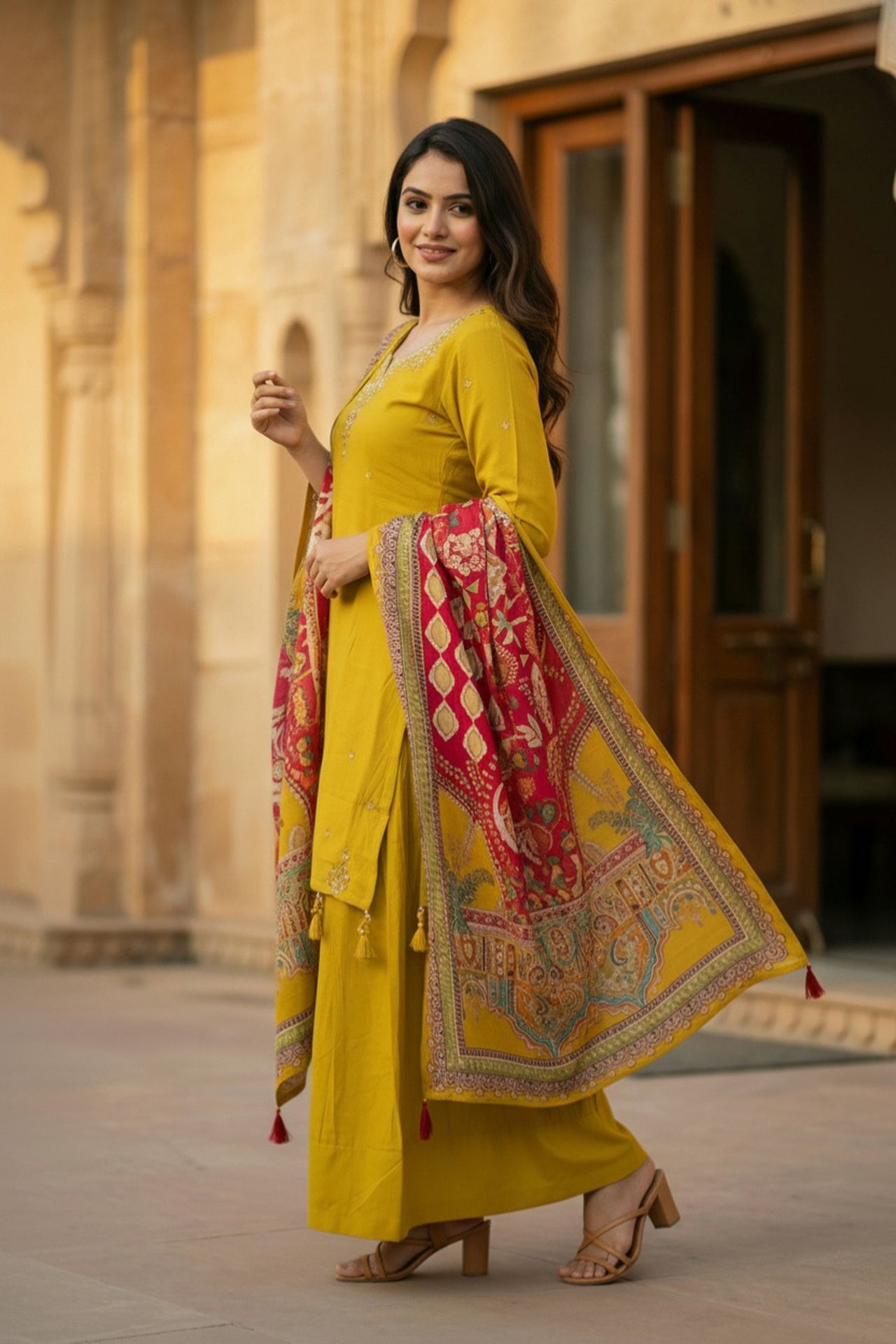 Mustard Three-piece Set With Neck Detailing And Heavy Dupatta image 3