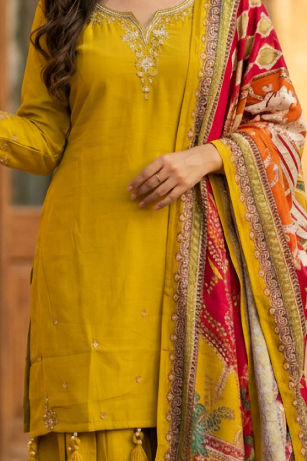 Mustard Three-piece Set With Neck Detailing And Heavy Dupatta image 4
