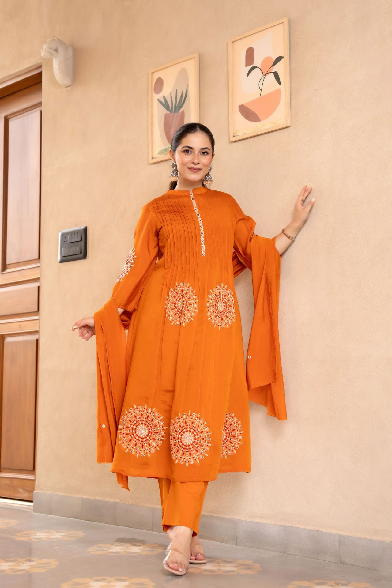 Cotton Three-piece Ensemble With Elegant Neck Embroidery And Bold Circle Motif image 2