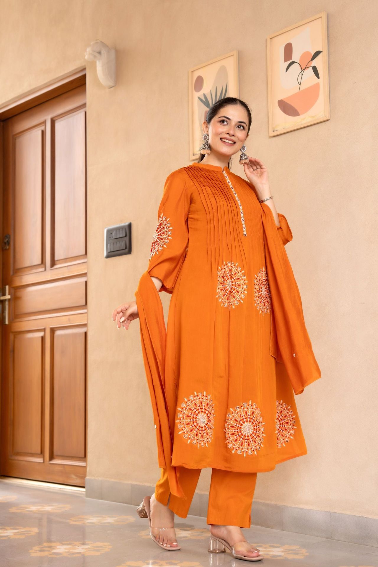 Cotton Three-piece Ensemble With Elegant Neck Embroidery And Bold Circle Motif image 3