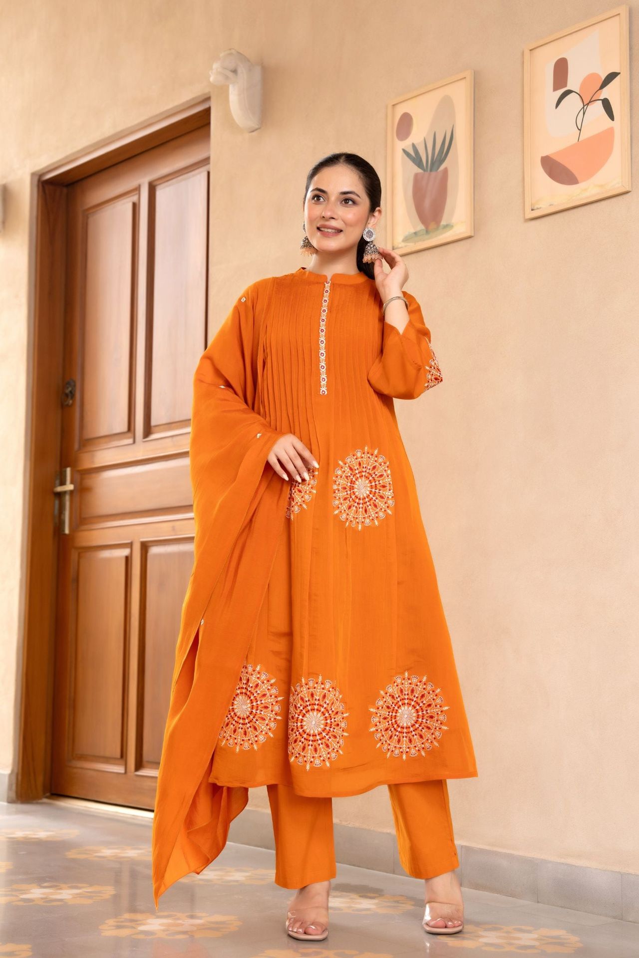 Cotton Three-piece Ensemble With Elegant Neck Embroidery And Bold Circle Motif image 4