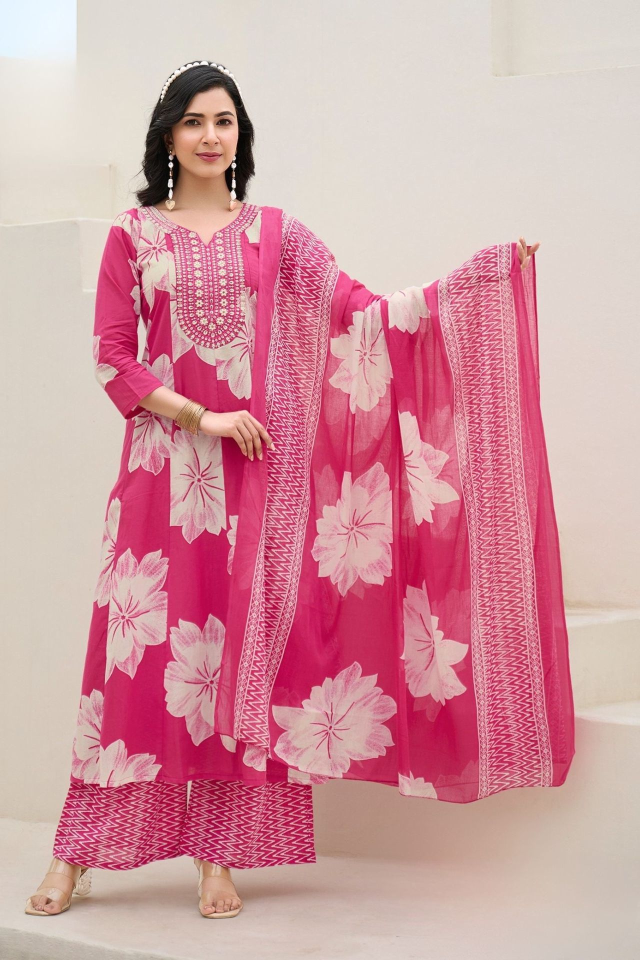 Pink V-neck Embroidered Cotton Floral Printed Kurta Palazzo Dupatta Set