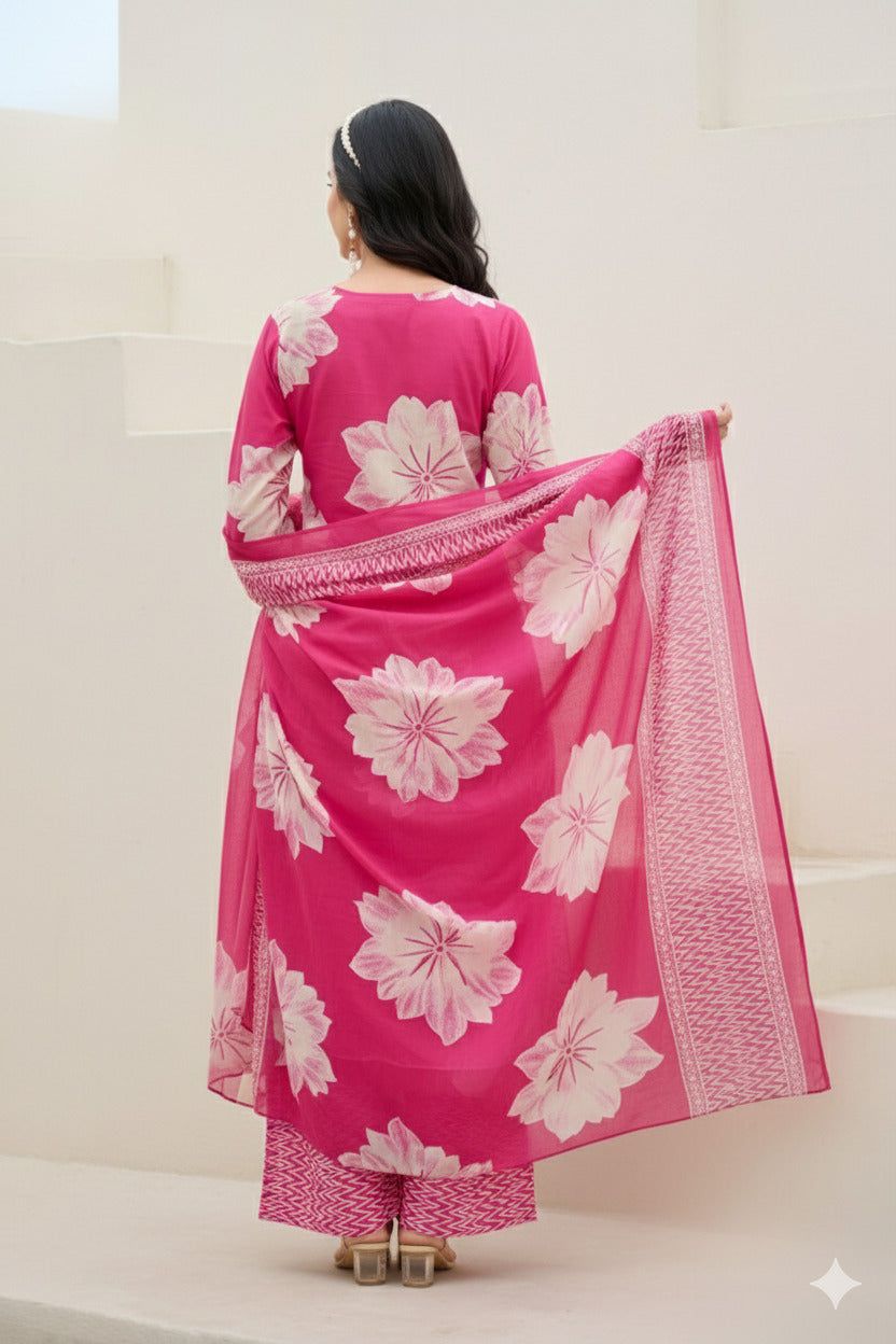 Pink V-neck Embroidered Cotton Floral Printed Kurta Palazzo Dupatta Set image 2