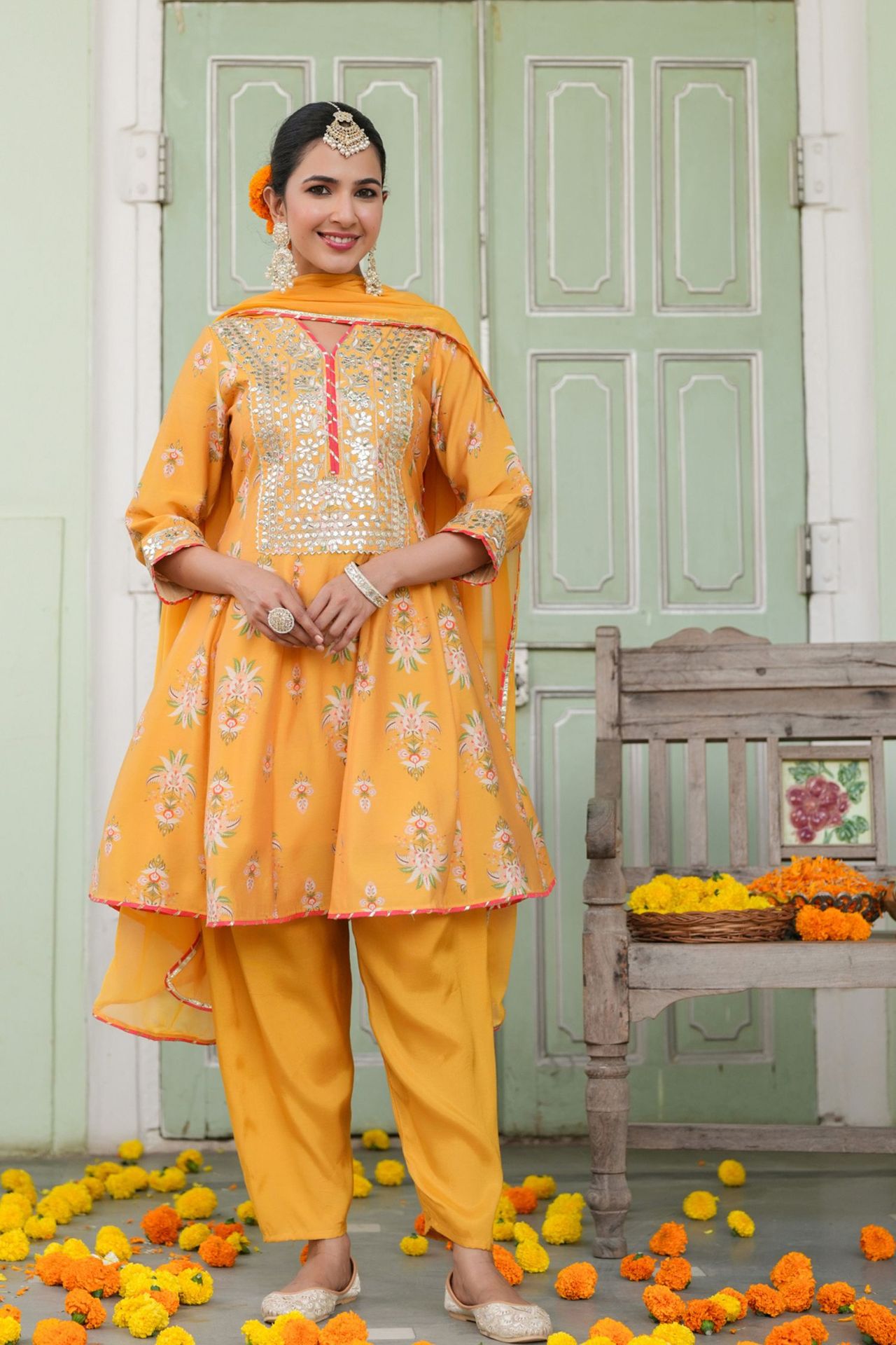 Freyaa Mustard Yellow Printed Embroidered Silk Blend Calf-length Anarkali Suit With Dupatta