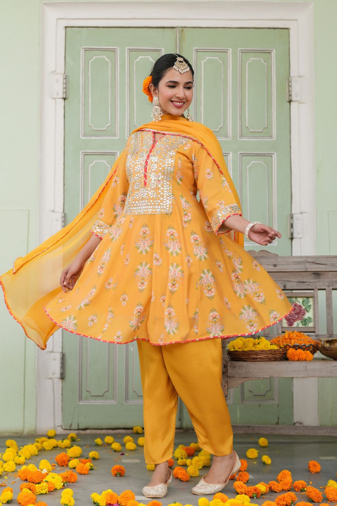 Freyaa Mustard Yellow Printed Embroidered Silk Blend Calf-length Anarkali Suit With Dupatta image 2