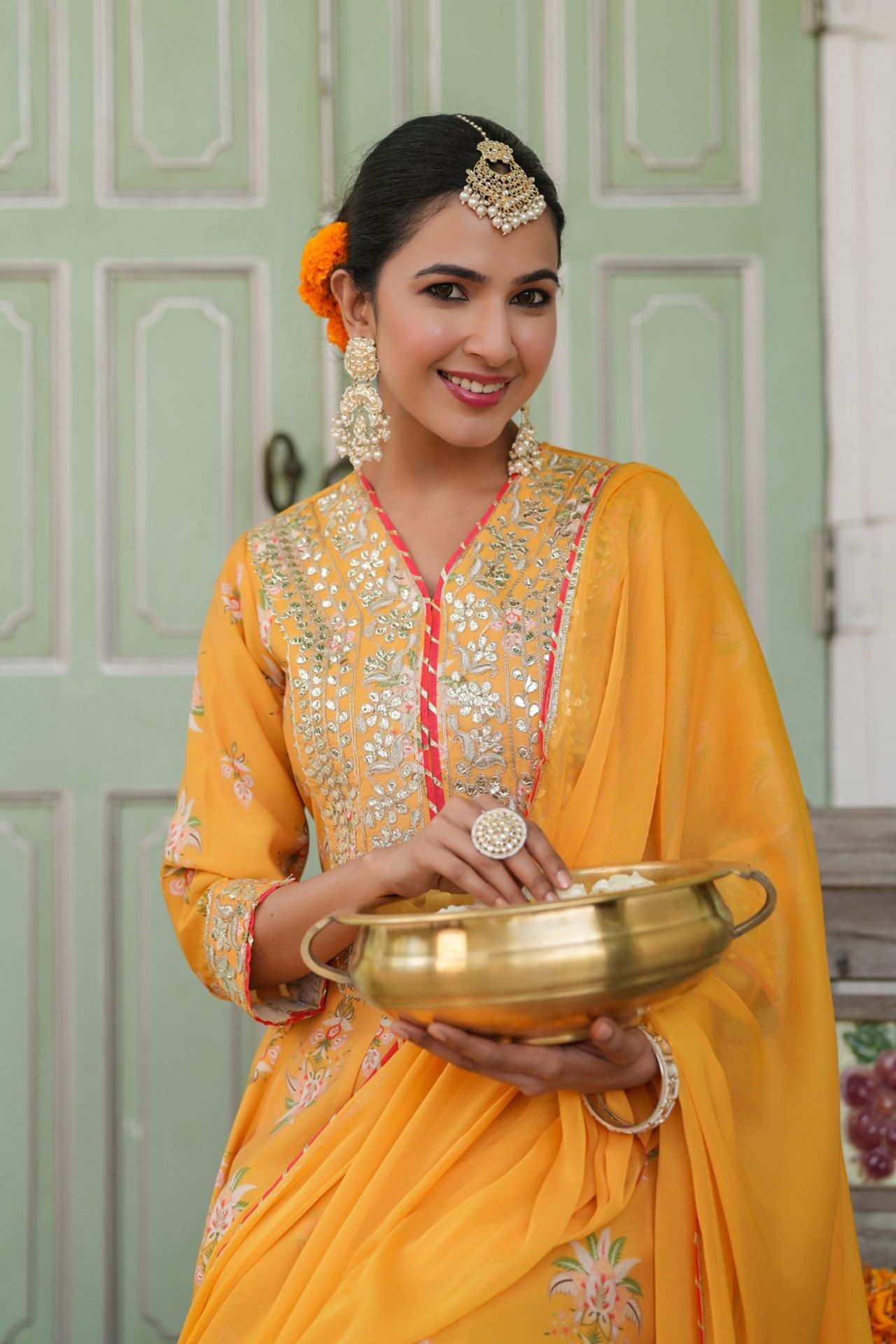 Freyaa Mustard Yellow Printed Embroidered Silk Blend Calf-length Anarkali Suit With Dupatta image 3
