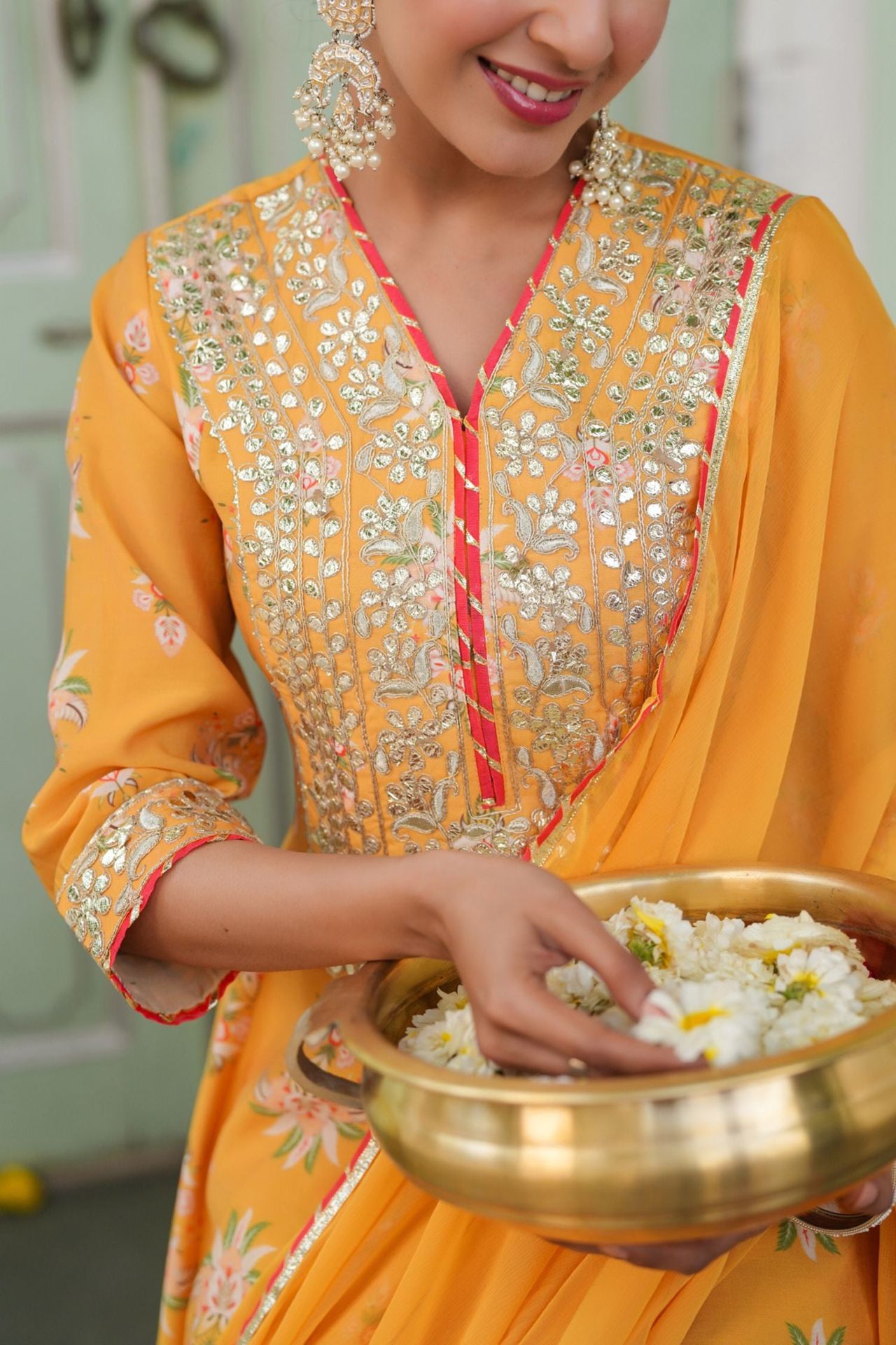 Freyaa Mustard Yellow Printed Embroidered Silk Blend Calf-length Anarkali Suit With Dupatta image 4