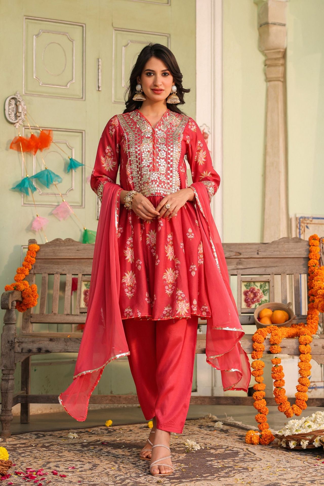 Freyaa Coral Pink Printed Embroidered Silk Blend Calf-length Anarkali Suit With Dupatta