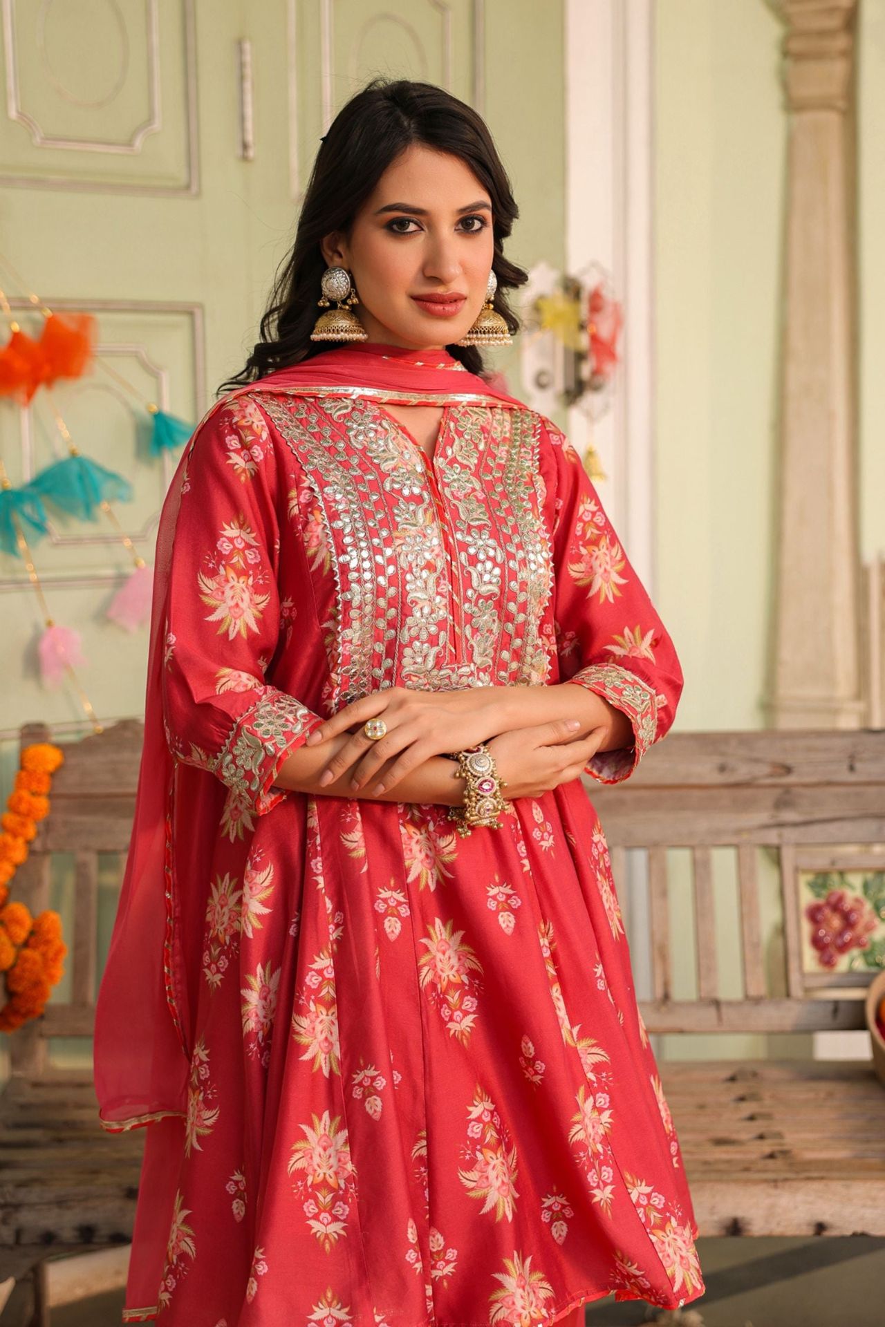 Freyaa Coral Pink Printed Embroidered Silk Blend Calf-length Anarkali Suit With Dupatta image 2