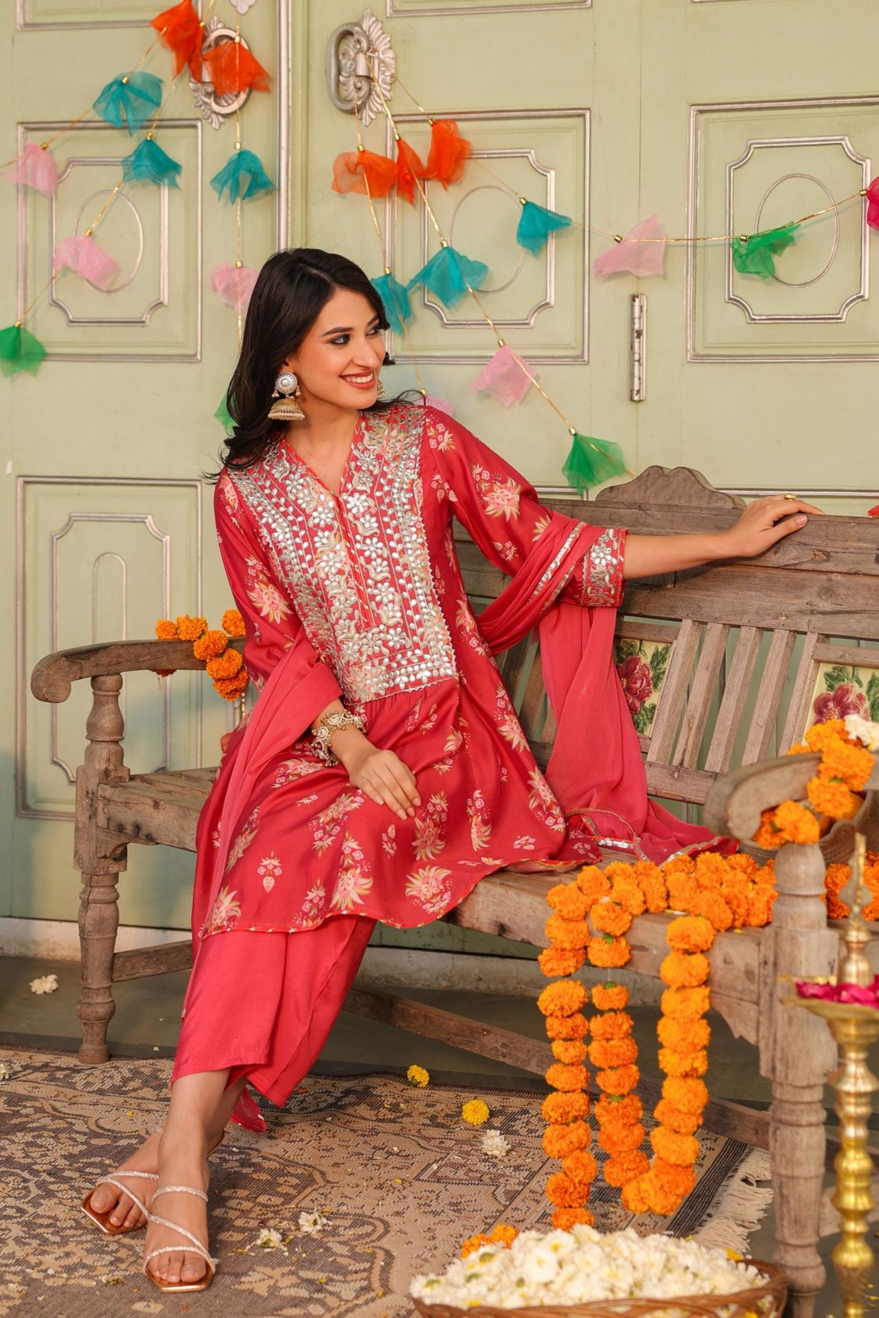 Freyaa Coral Pink Printed Embroidered Silk Blend Calf-length Anarkali Suit With Dupatta image 3
