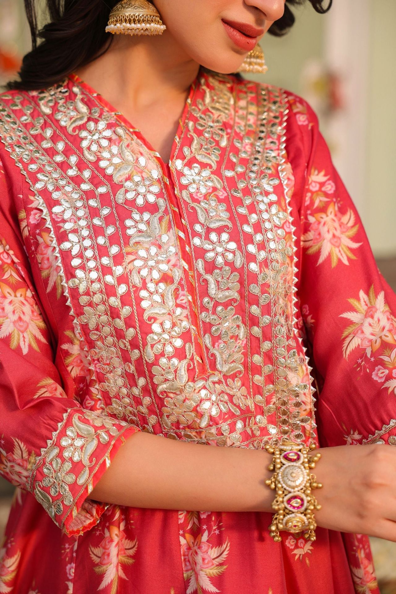 Freyaa Coral Pink Printed Embroidered Silk Blend Calf-length Anarkali Suit With Dupatta image 4