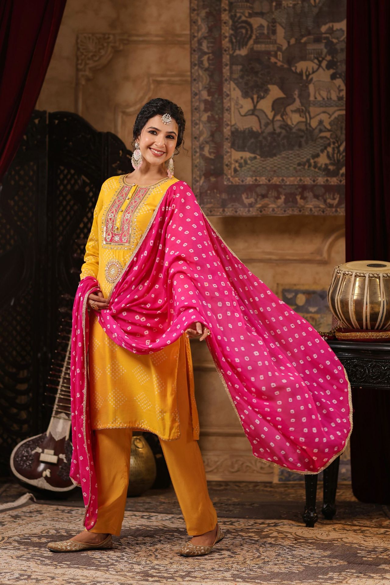 Freyaa Yellow Embroidered Straight Kurta Trouser With Bandhni Dupatta Set image 2