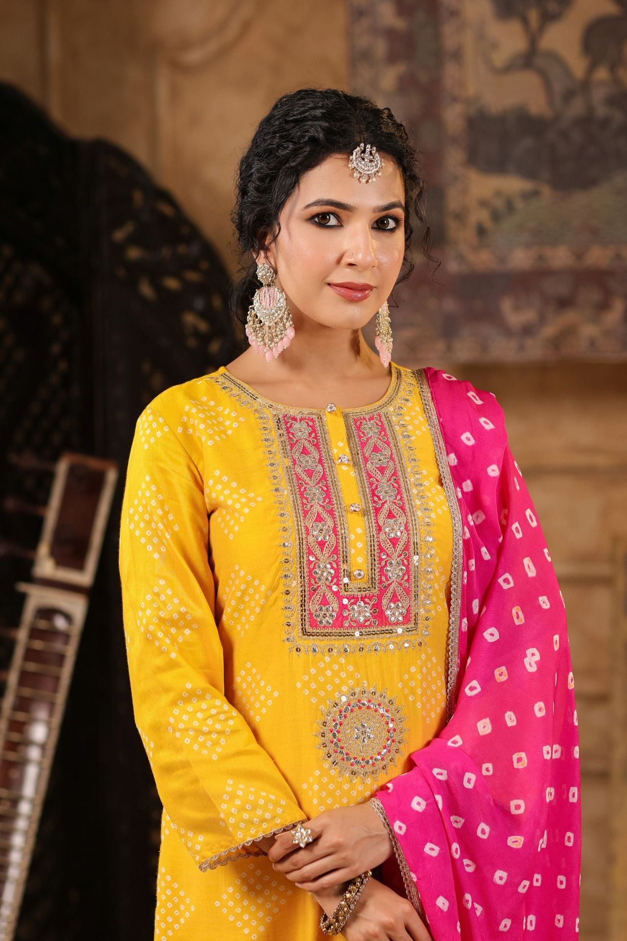 Freyaa Yellow Embroidered Straight Kurta Trouser With Bandhni Dupatta Set image 3