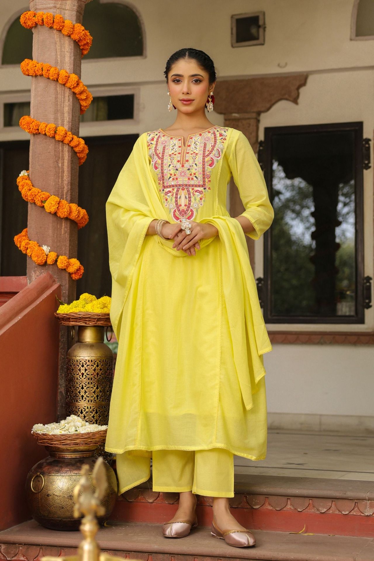 Freyaa Yellow Embroidered Cotton Anarkali Suit With Dupatta