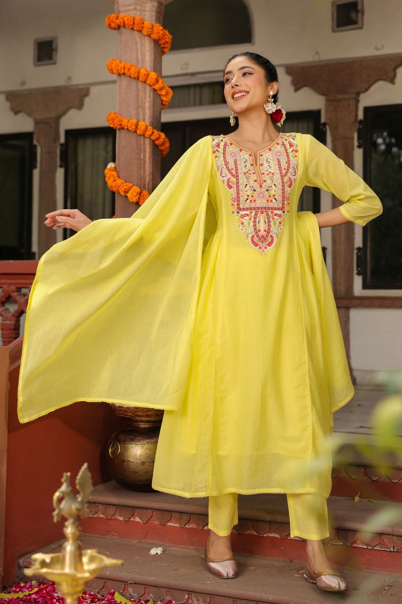 Freyaa Yellow Embroidered Cotton Anarkali Suit With Dupatta image 2