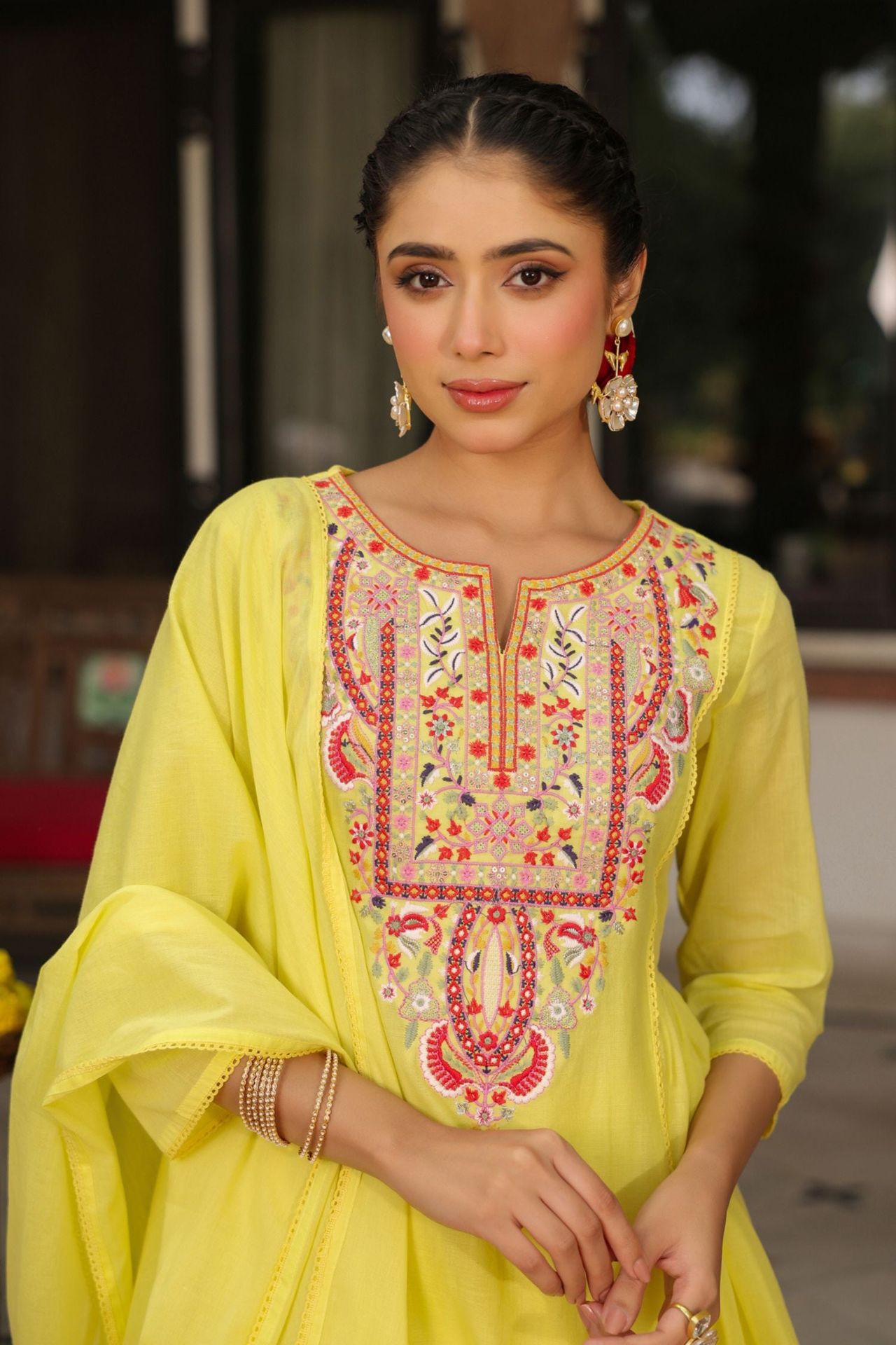 Freyaa Yellow Embroidered Cotton Anarkali Suit With Dupatta image 3