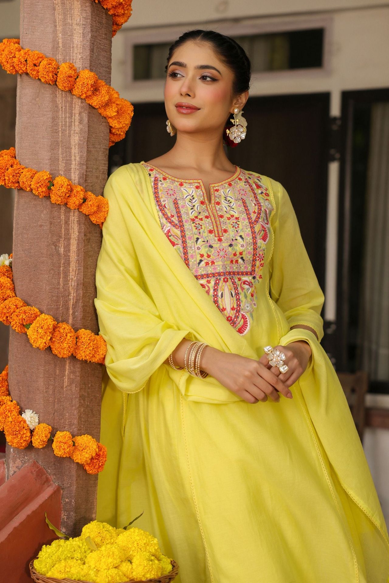 Freyaa Yellow Embroidered Cotton Anarkali Suit With Dupatta image 4
