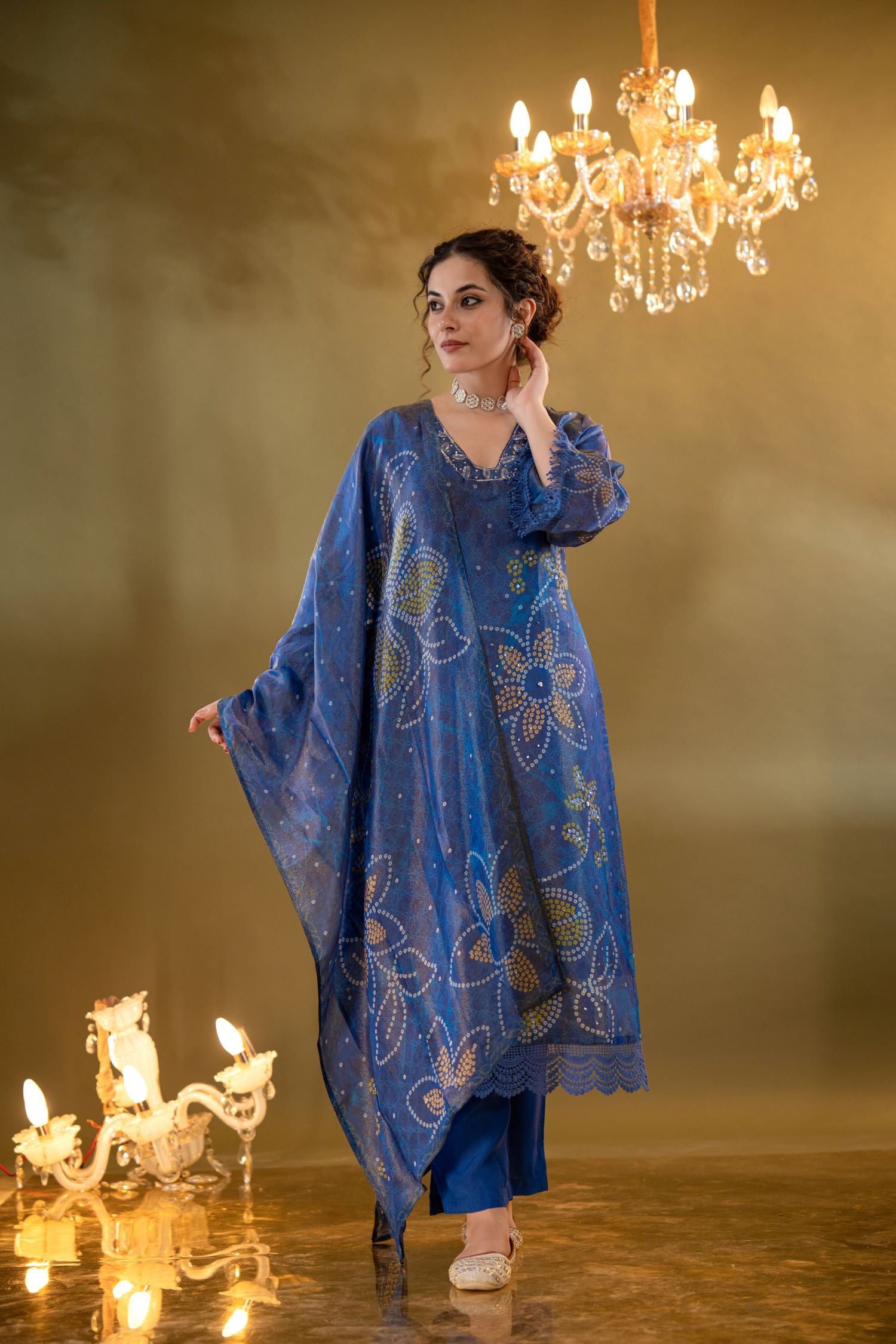 Elegant Red A-line Kurta Set With Embroidered Neck And Floral Bandhani Print image 3