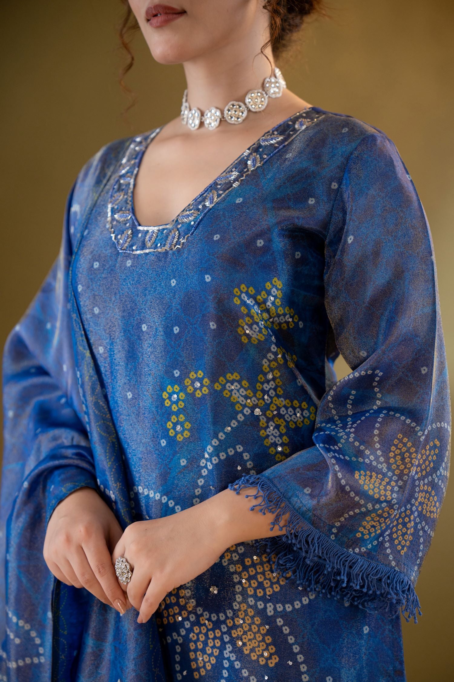Elegant Red A-line Kurta Set With Embroidered Neck And Floral Bandhani Print image 5