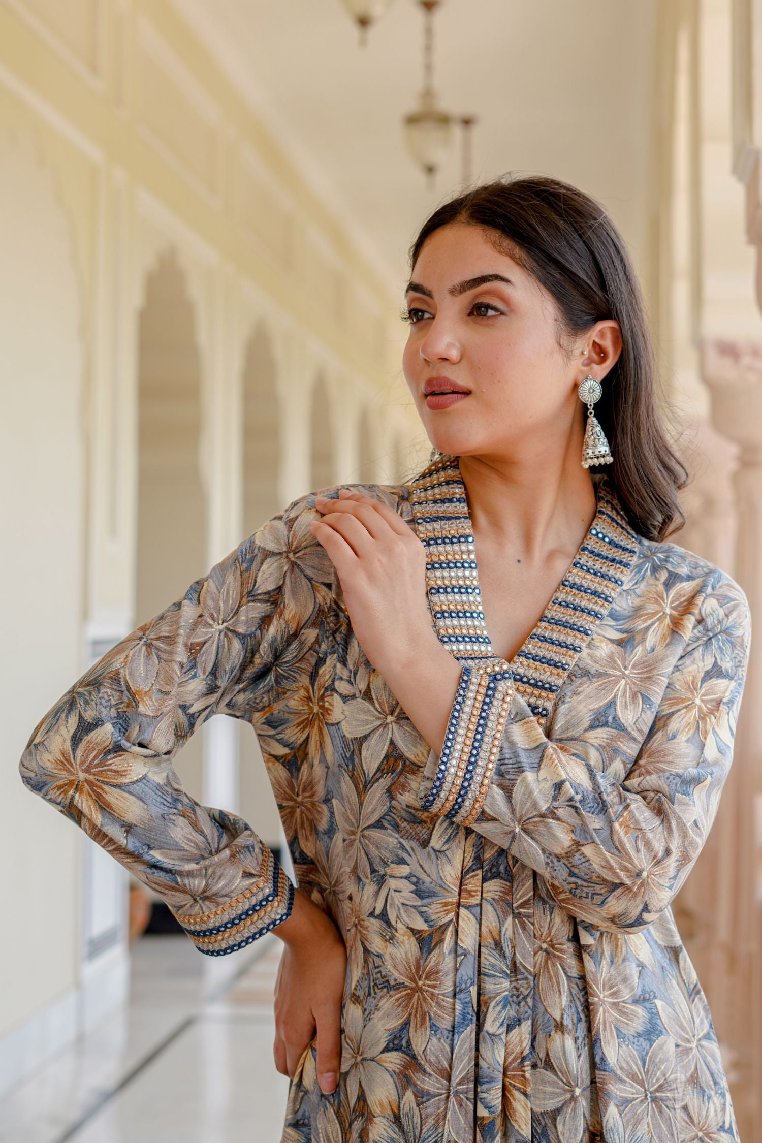 Embroidered V-neck Printed A-line Kurta Set image 3