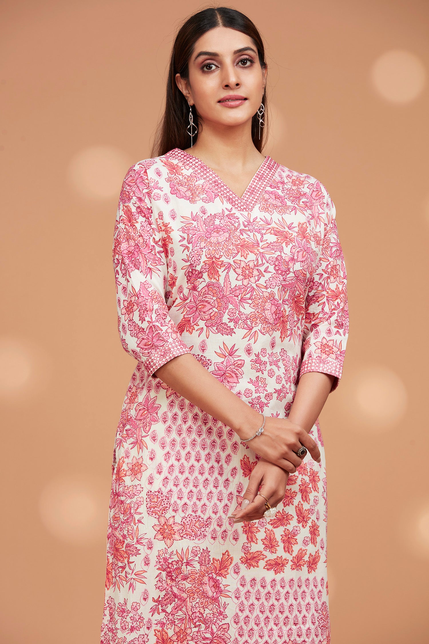 Cotton V Neck Printed A Line Kurta Set image 3