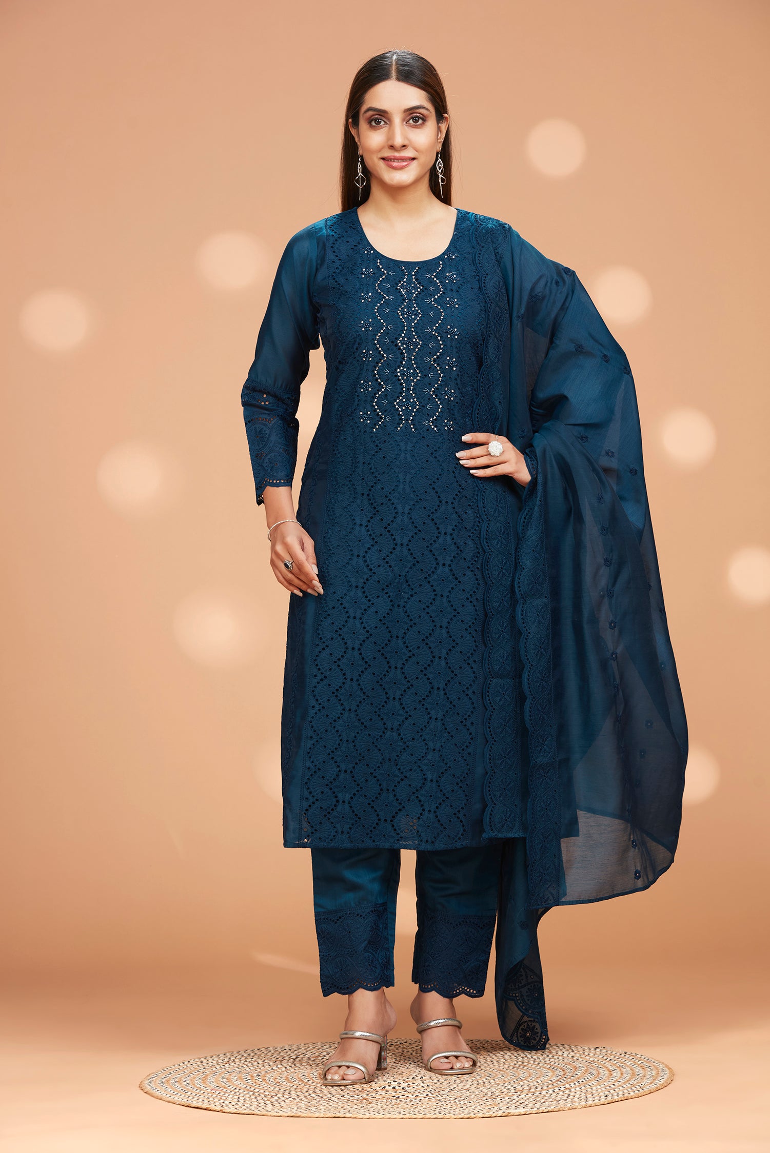 Straight Fit Schiffli Kurta With Pant & Duppatta image 3