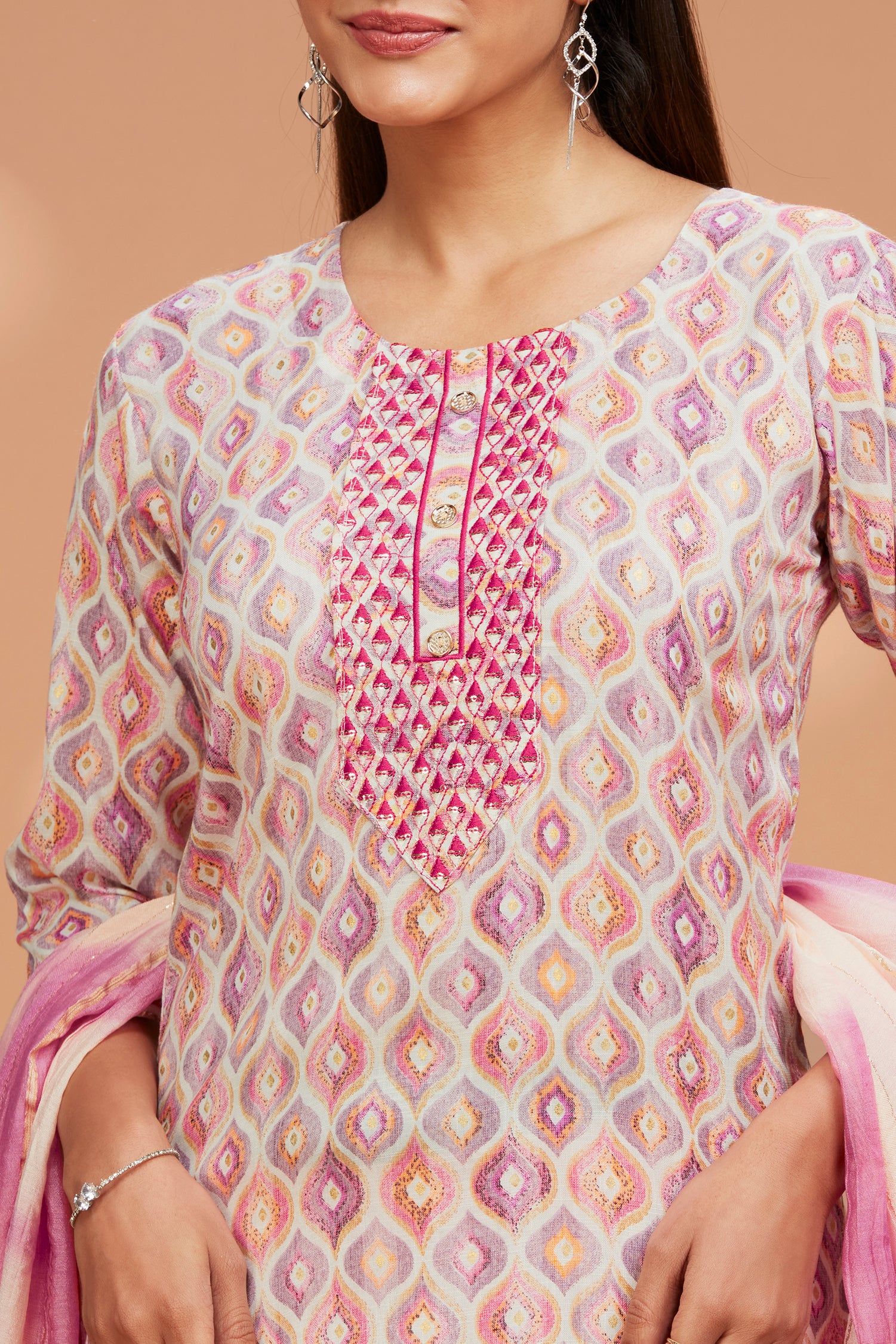 Printed Straight Fit Embroidered Kurta With Palazzo Pant & Tie-die Duppatta - Pink image 3