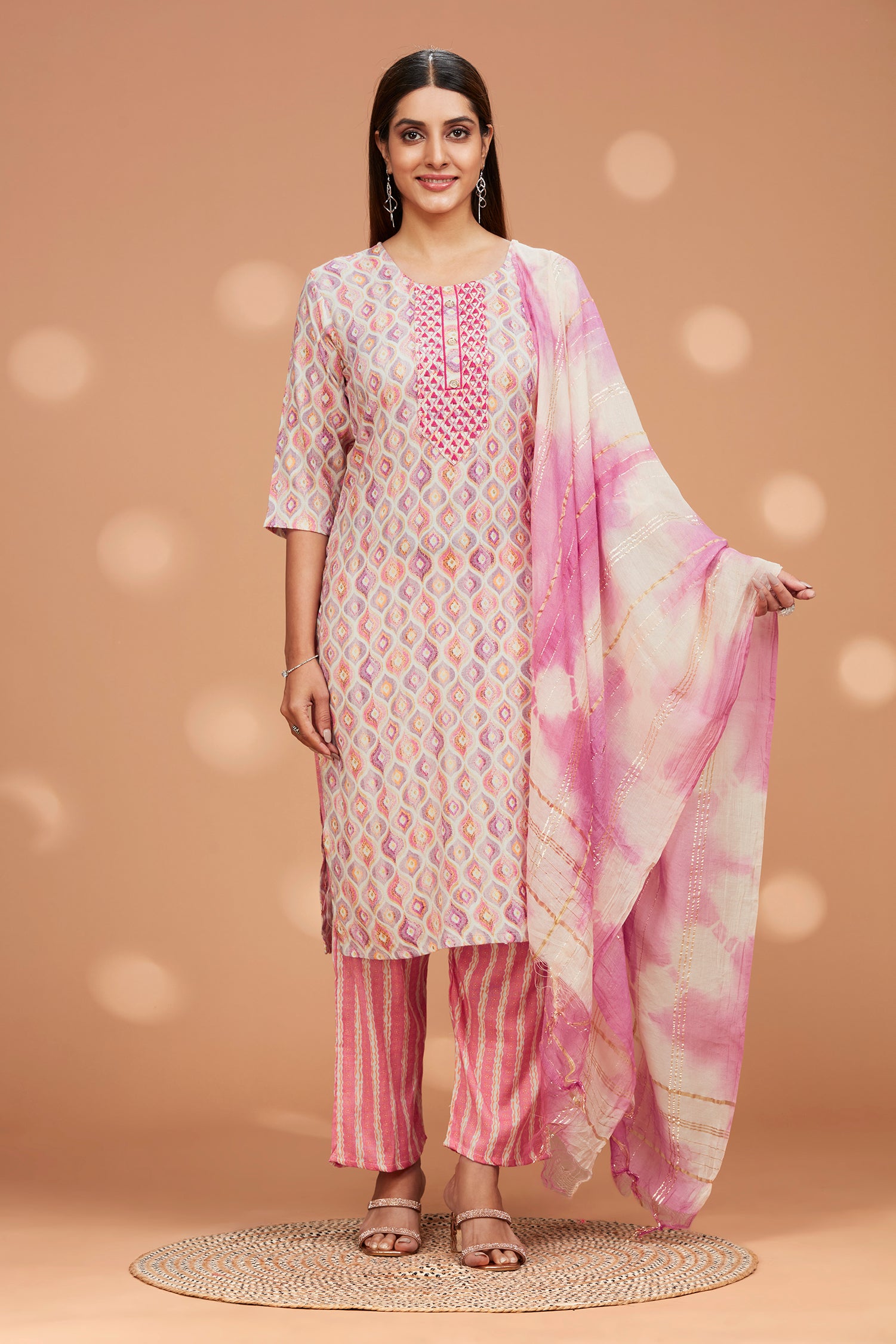 Printed Straight Fit Embroidered Kurta With Palazzo Pant & Tie-die Duppatta - Pink image 5