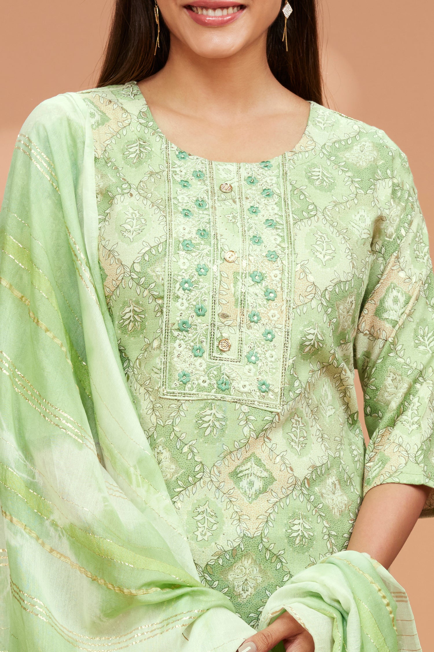 Printed Straight Fit Embroidered Kurta With Palazzo Pant & Tie-die Duppatta - Light Green image 3