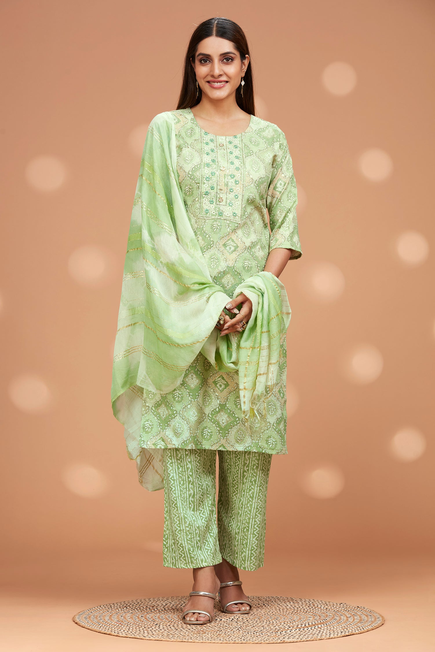 Printed Straight Fit Embroidered Kurta With Palazzo Pant & Tie-die Duppatta - Light Green image 5