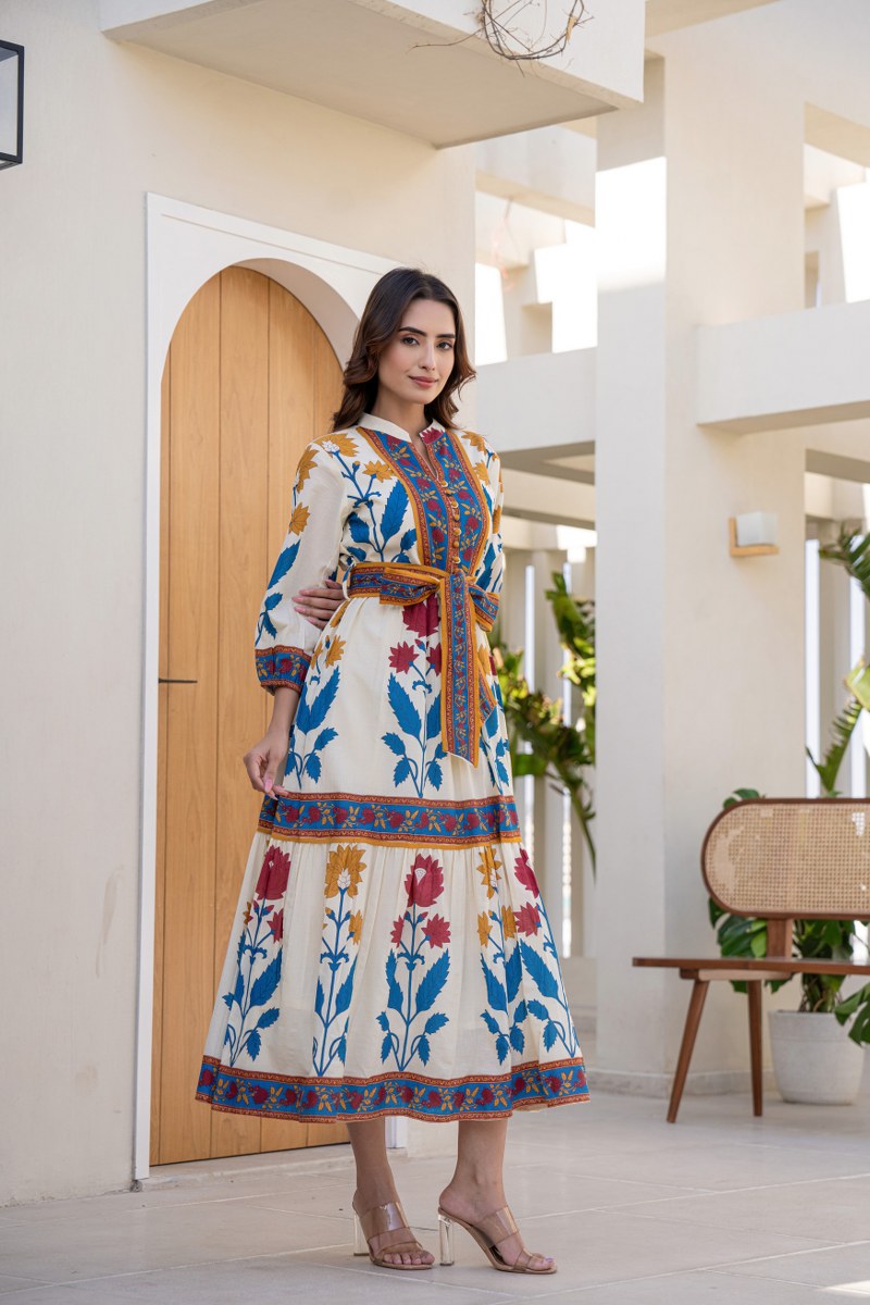 Cotton Printed Long Dress With Belt image 4