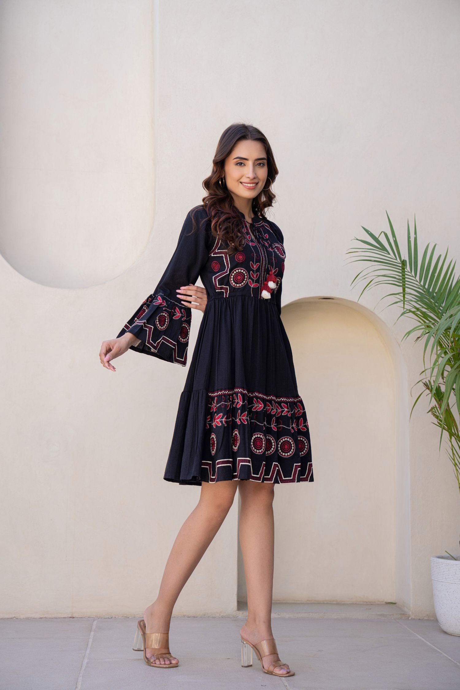 Bell Sleeves Fit & Flare Short Tunic Dress With Tie-up Neck image 3