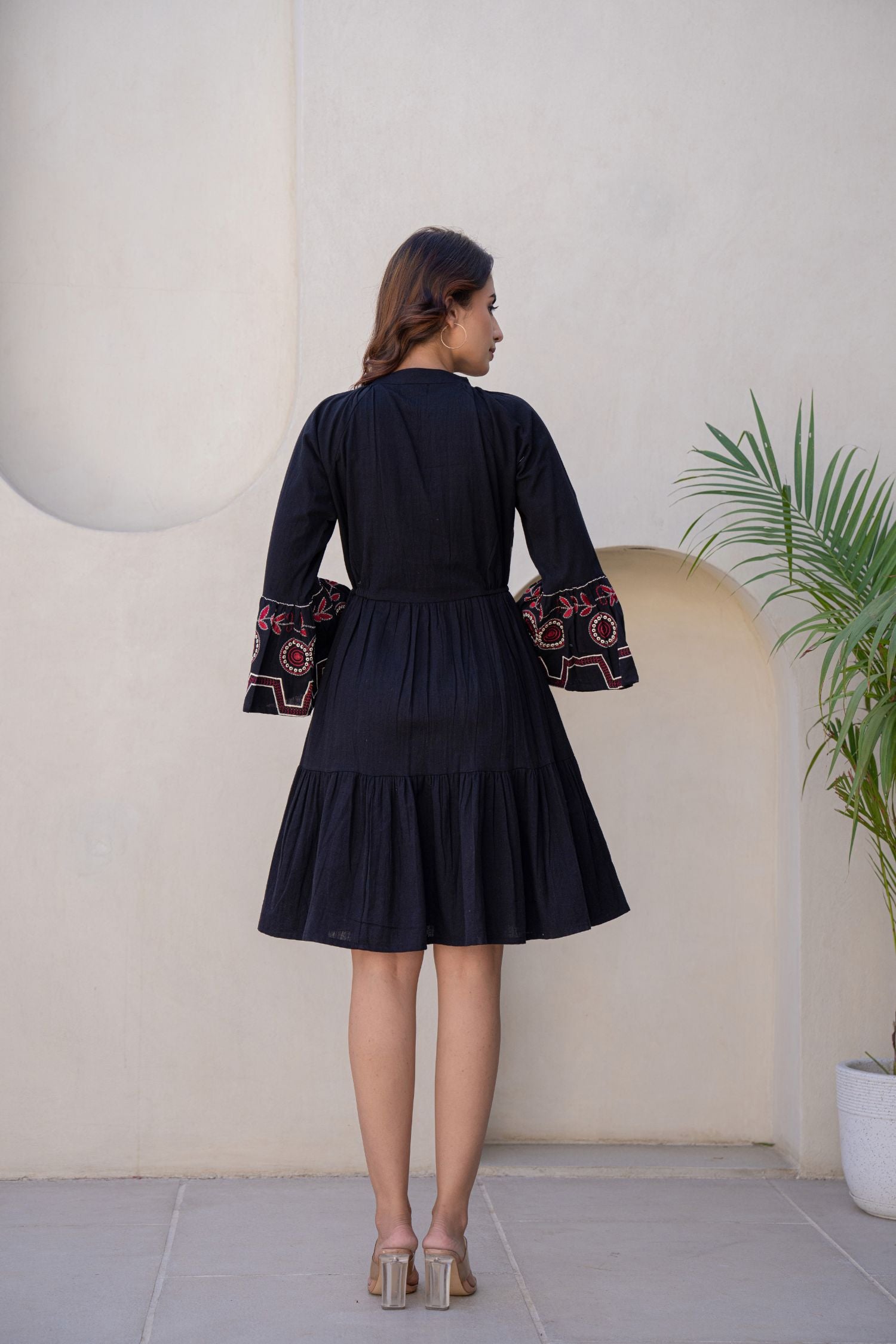 Bell Sleeves Fit & Flare Short Tunic Dress With Tie-up Neck image 5