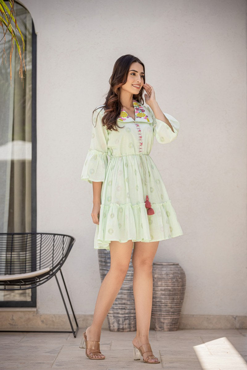 V-neck With Embroidered Peter Pan Collar Printed Cotton Tunic Dress image 3