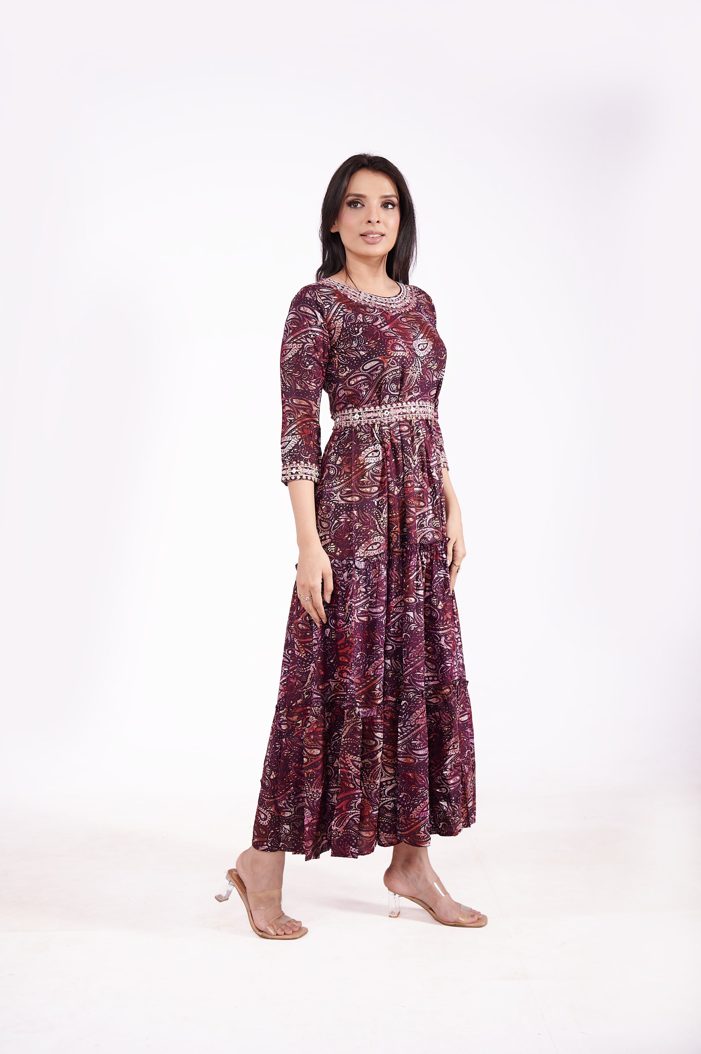 Rayon Pasley Printed Neck Embroidered Ethnic Dress (MAROON) image 4