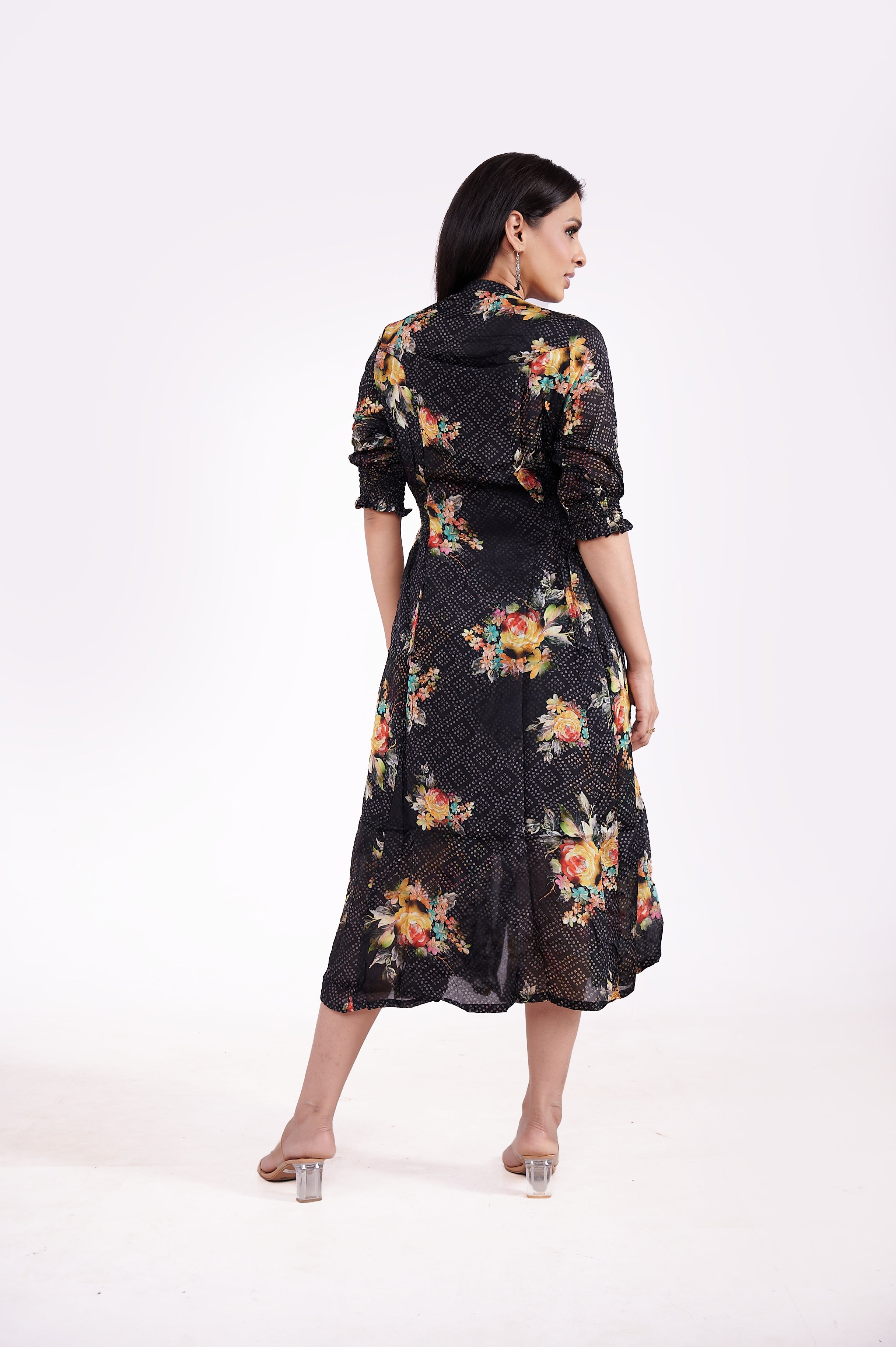 Chinon Floral Bandhini Ethnic Dress (BLACK) image 5