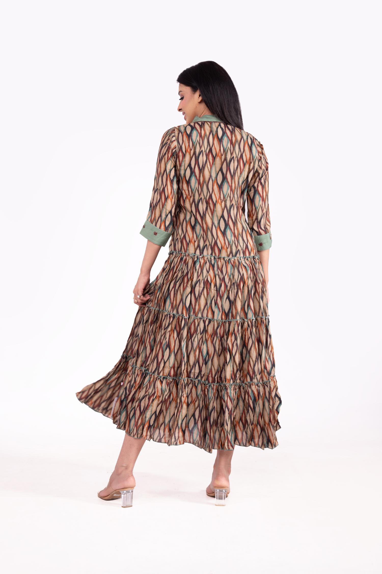 Muslin Geometric Print Collared Midi Dress For Women image 6