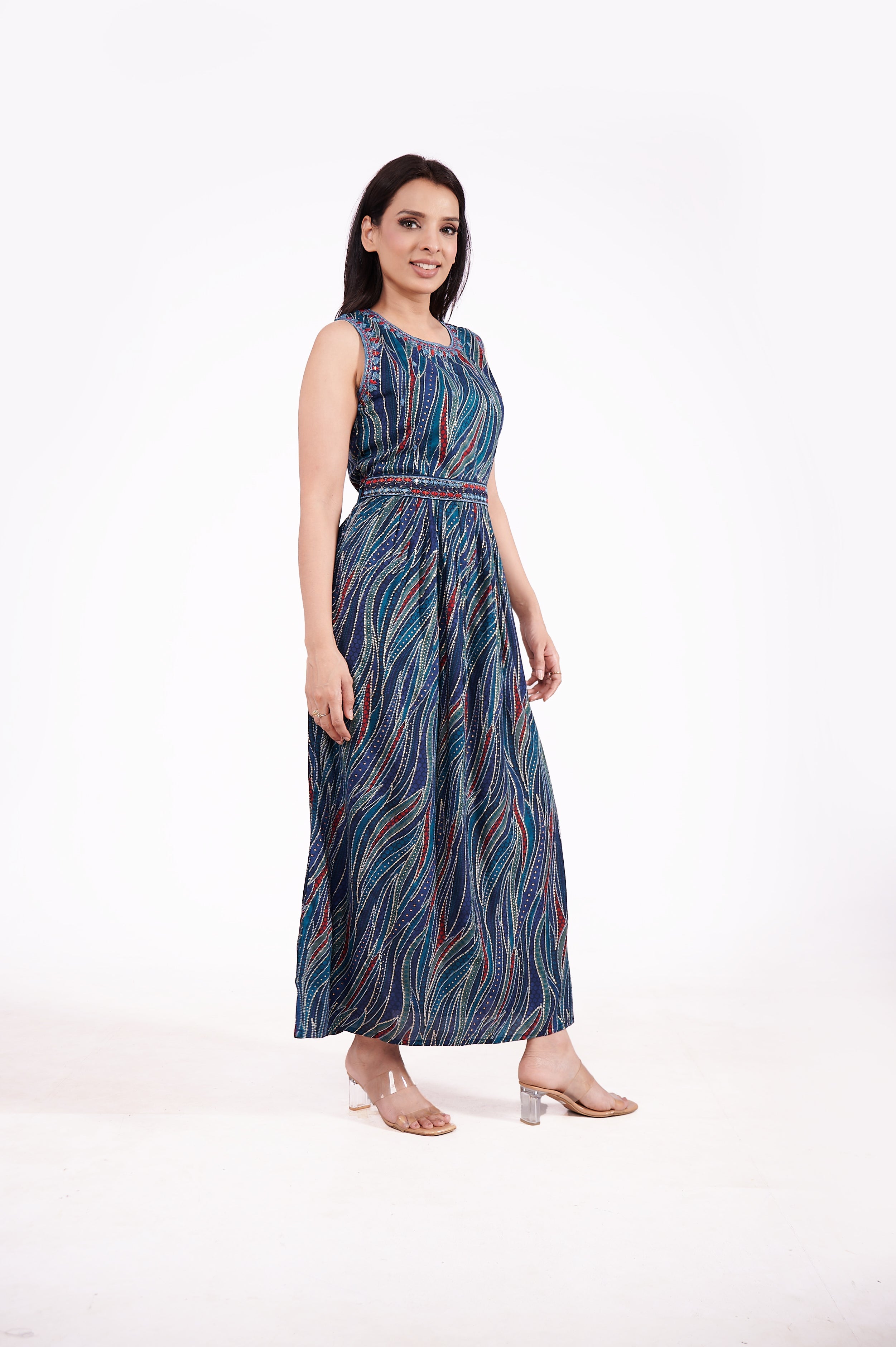 Rayon Sleeveless Foil Print Ethnic Dress image 3