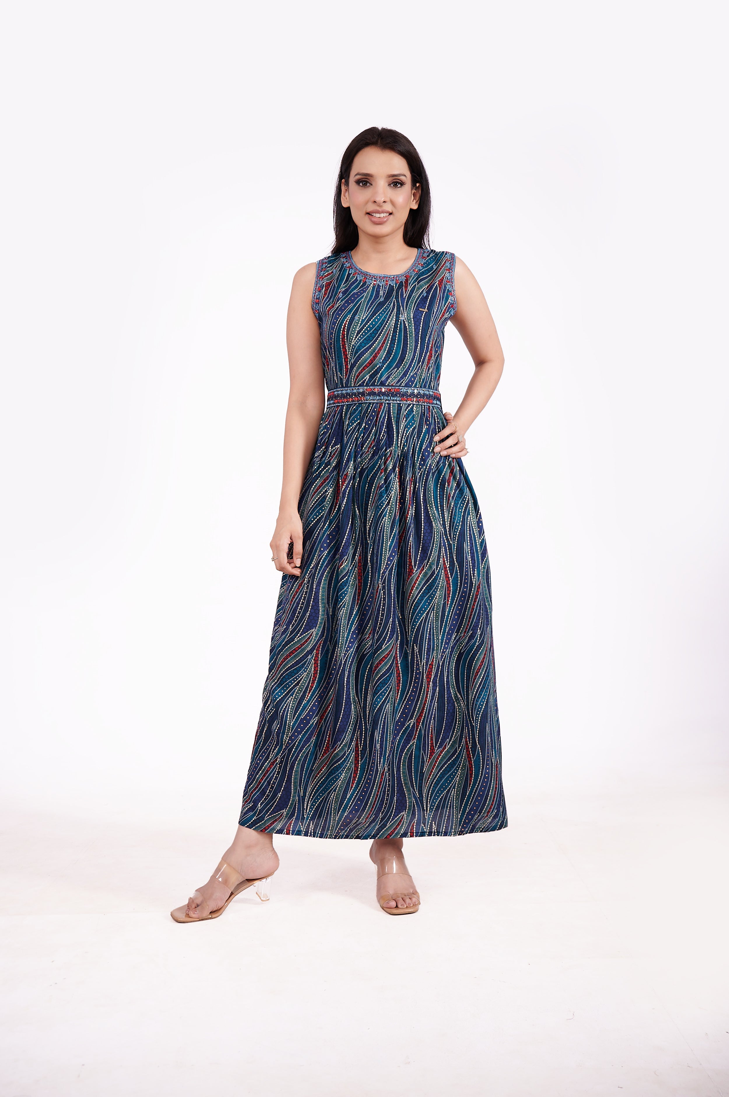 Rayon Sleeveless Foil Print Ethnic Dress image 5